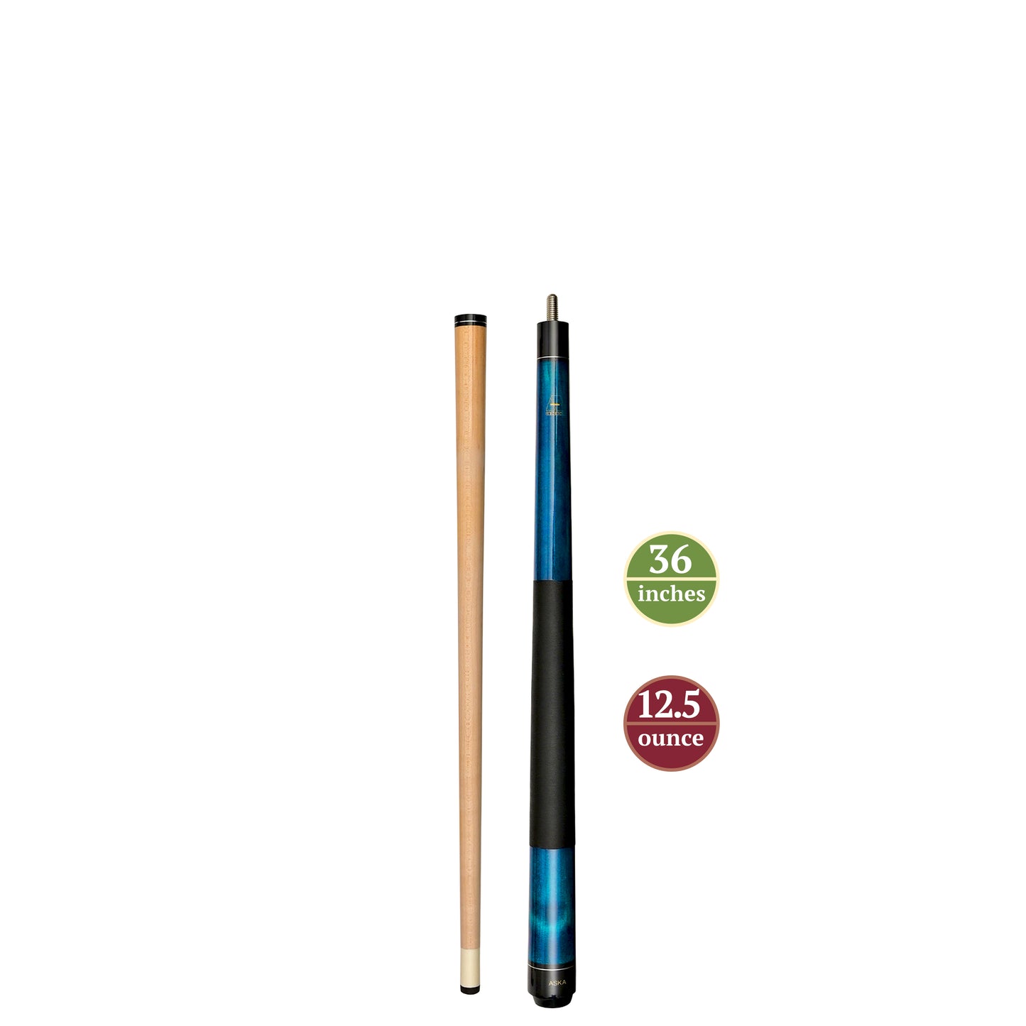 ASKA Blue 36" Short Pool Cue – 12.5 oz, Maple Shaft, 13mm Tip, 5/16x18 Joint, Black Nylon Wrap (LEC36) billiard pool cue stick by ASKA
