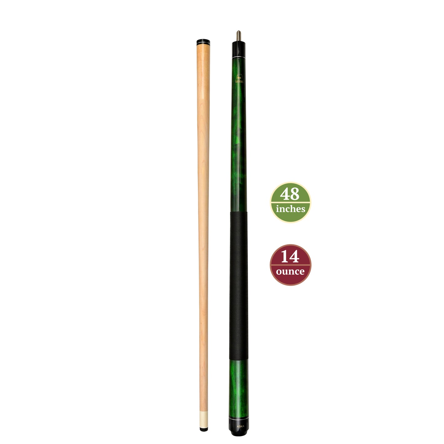 ASKA Green 48" Short Pool Cue – 14 oz, Maple Shaft, 13mm Tip, 5/16x18 Joint, Black Nylon Wrap (LEC48) billiard pool cue stick by ASKA