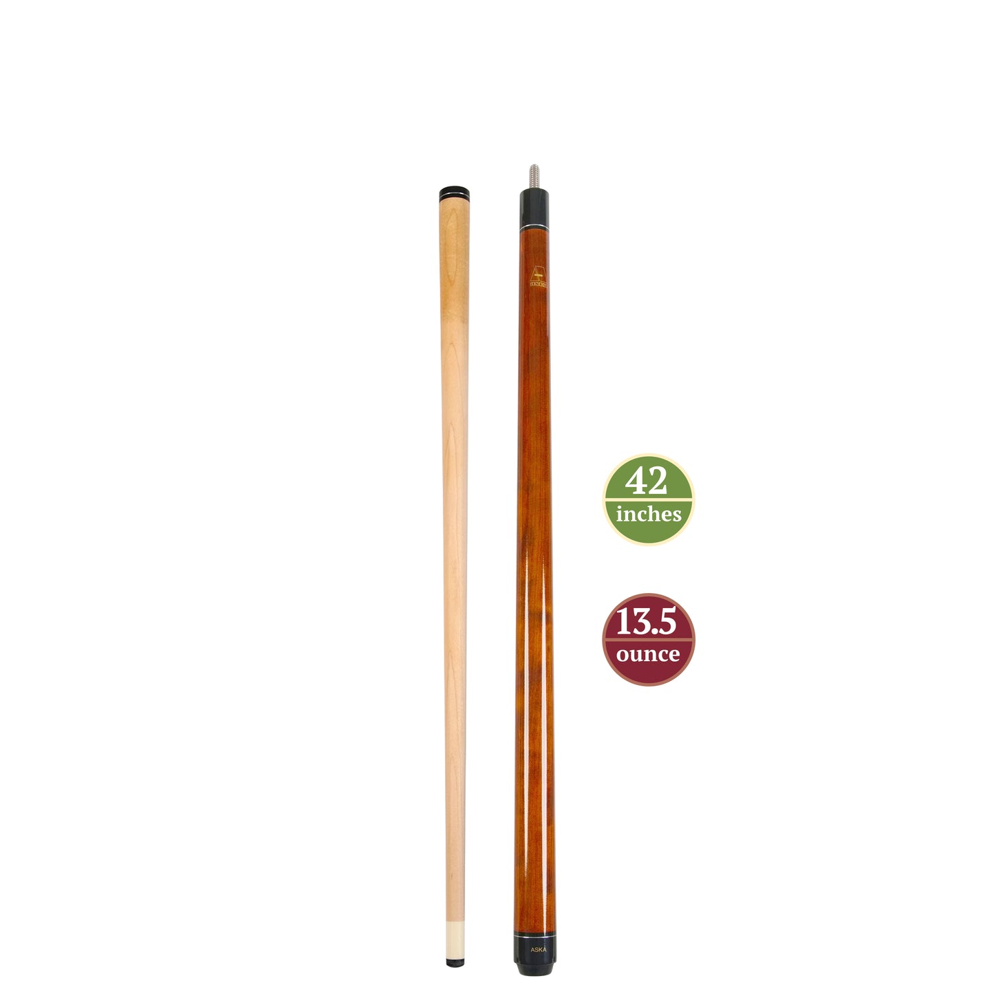Full view of the brown short pool cue and separate maple shaft.