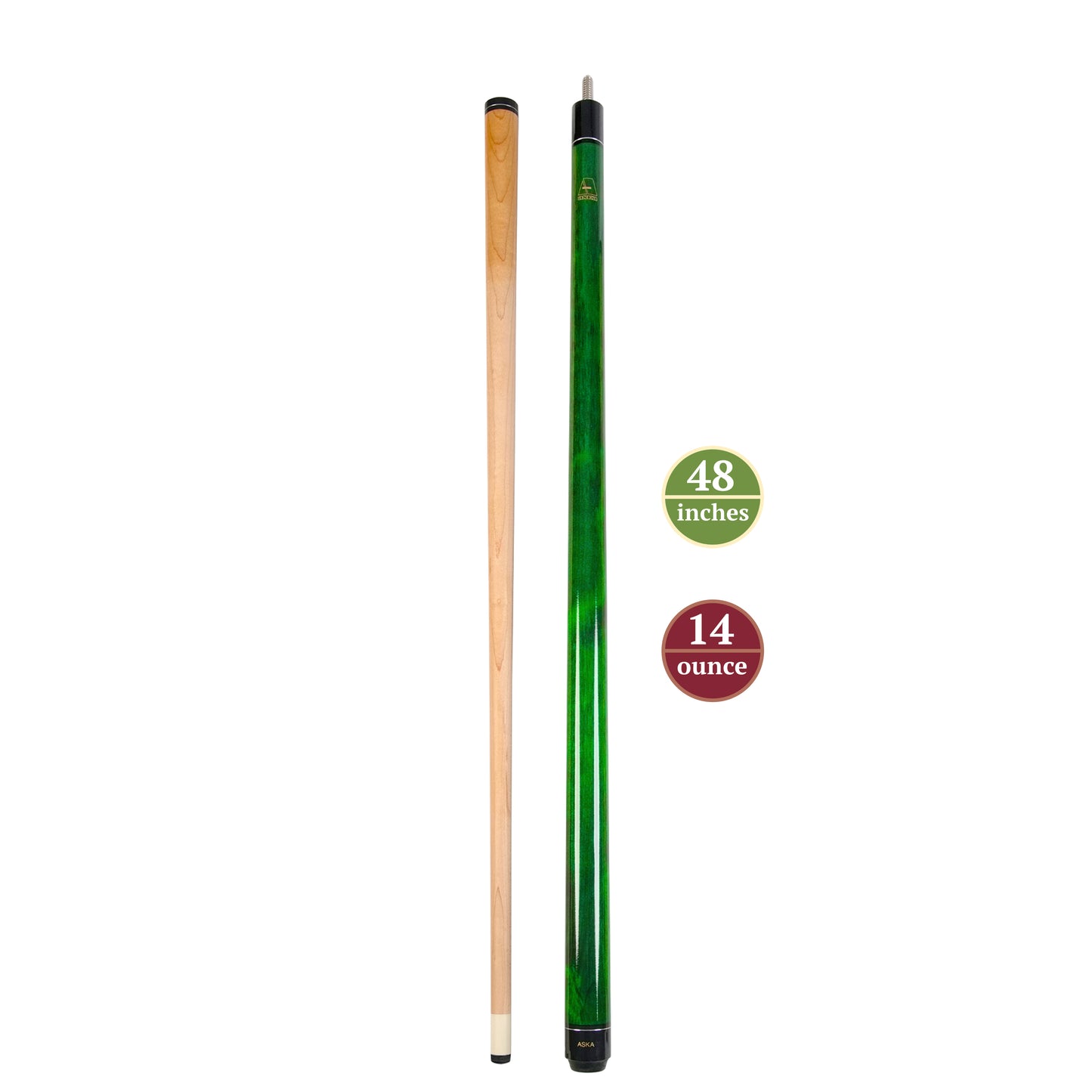 ASKA Green 48" Short Pool Cue – 14 oz, Maple Shaft, 13mm Tip, 5/16x18 Joint, Wrapless (LECN48) billiard pool cue stick by ASKA