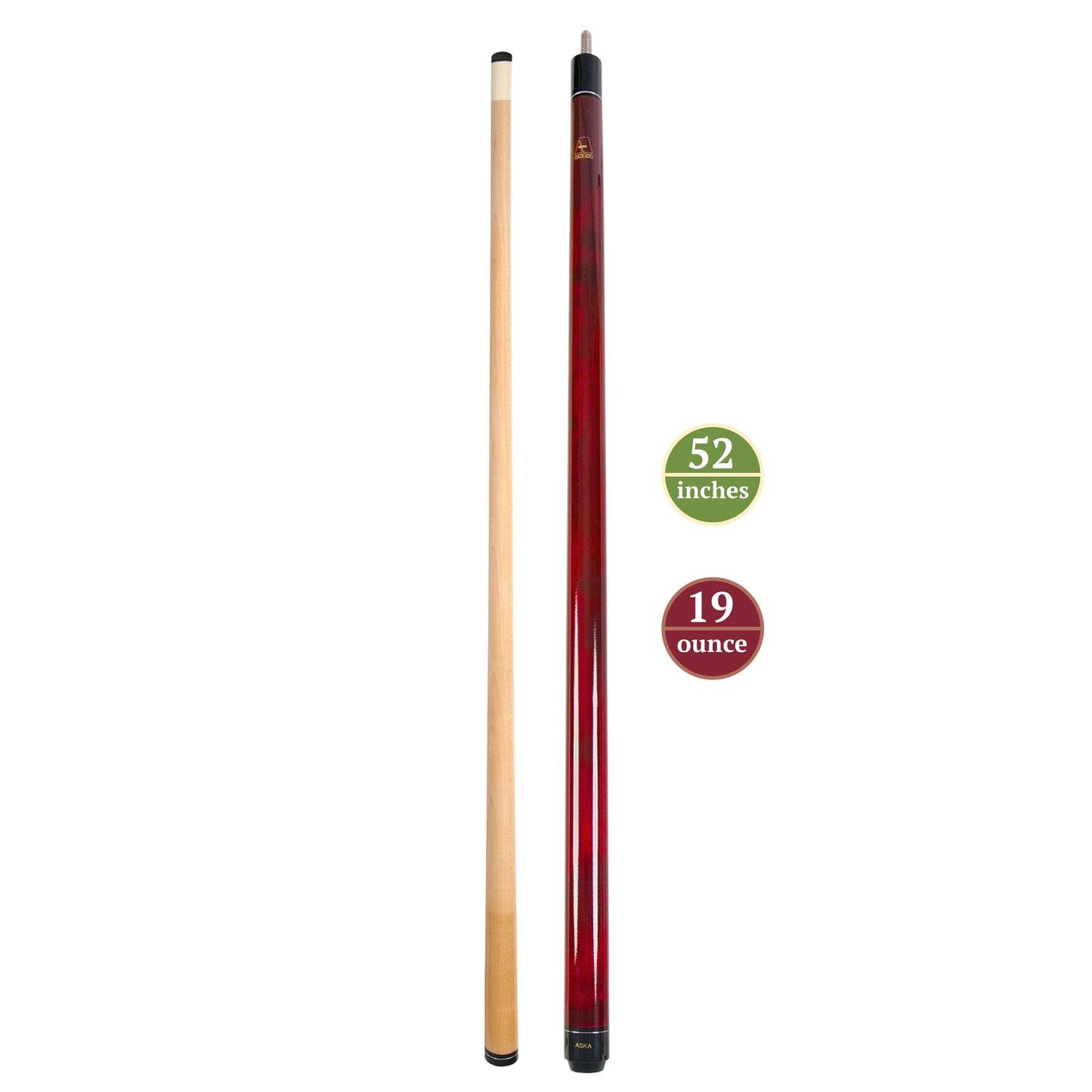 ASKA Red 52" Short Pool Cue – 19oz, Wrapless Handle, 5/16x18 Joint, Hard Rock Maple Shaft, 13mm Tip (LECN52) billiard pool cue stick by ASKA