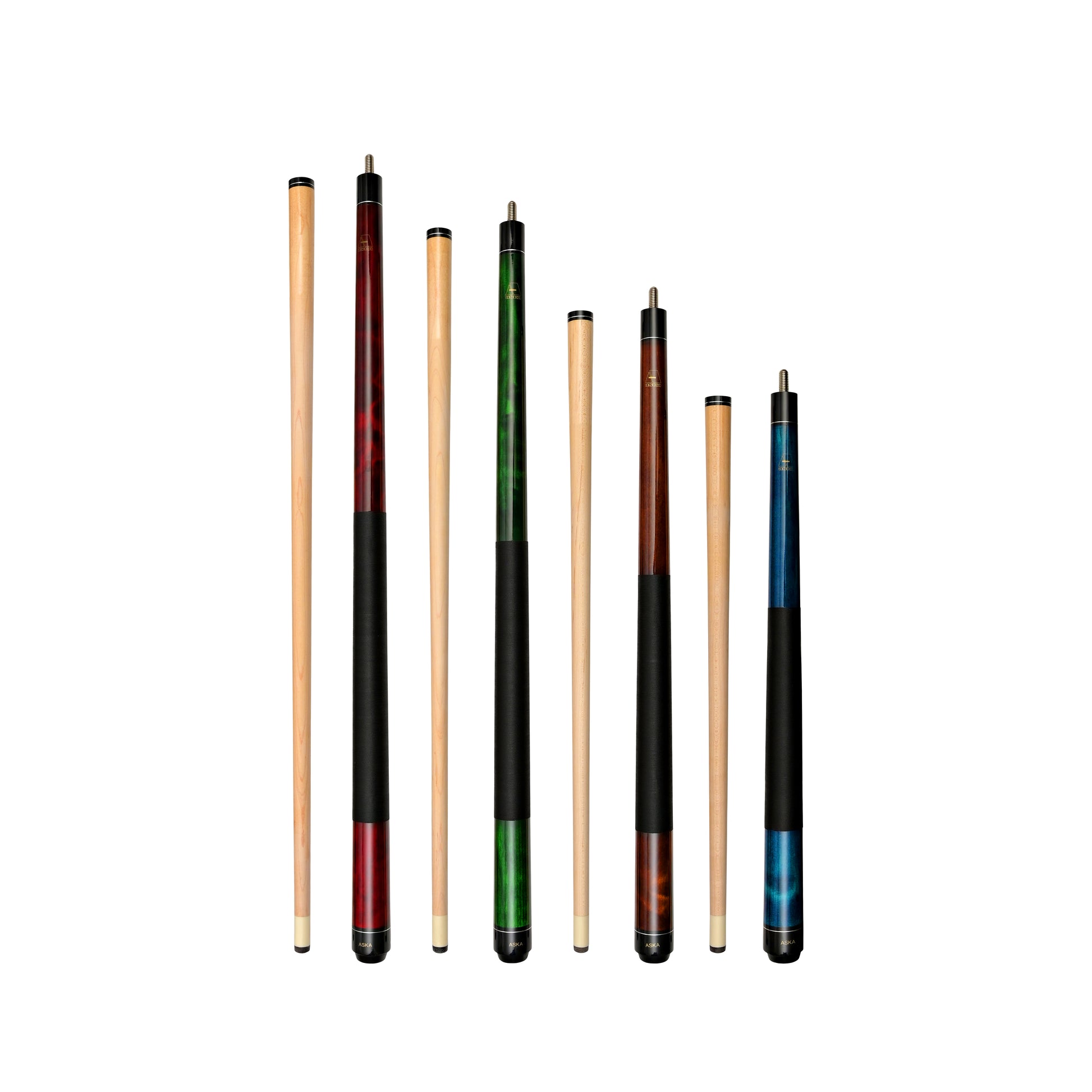 Set of 4 Short Pool Cues – ASKA Mixed Length Cue Set for Small Spaces & Game Rooms (LS4)