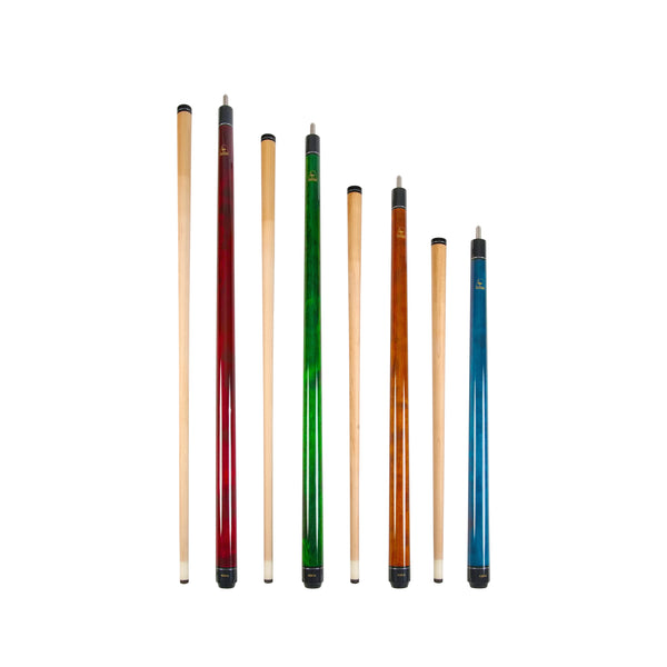 ASKA Wrapless Mixed Length Cue Set featuring four colorful cues and four natural wood