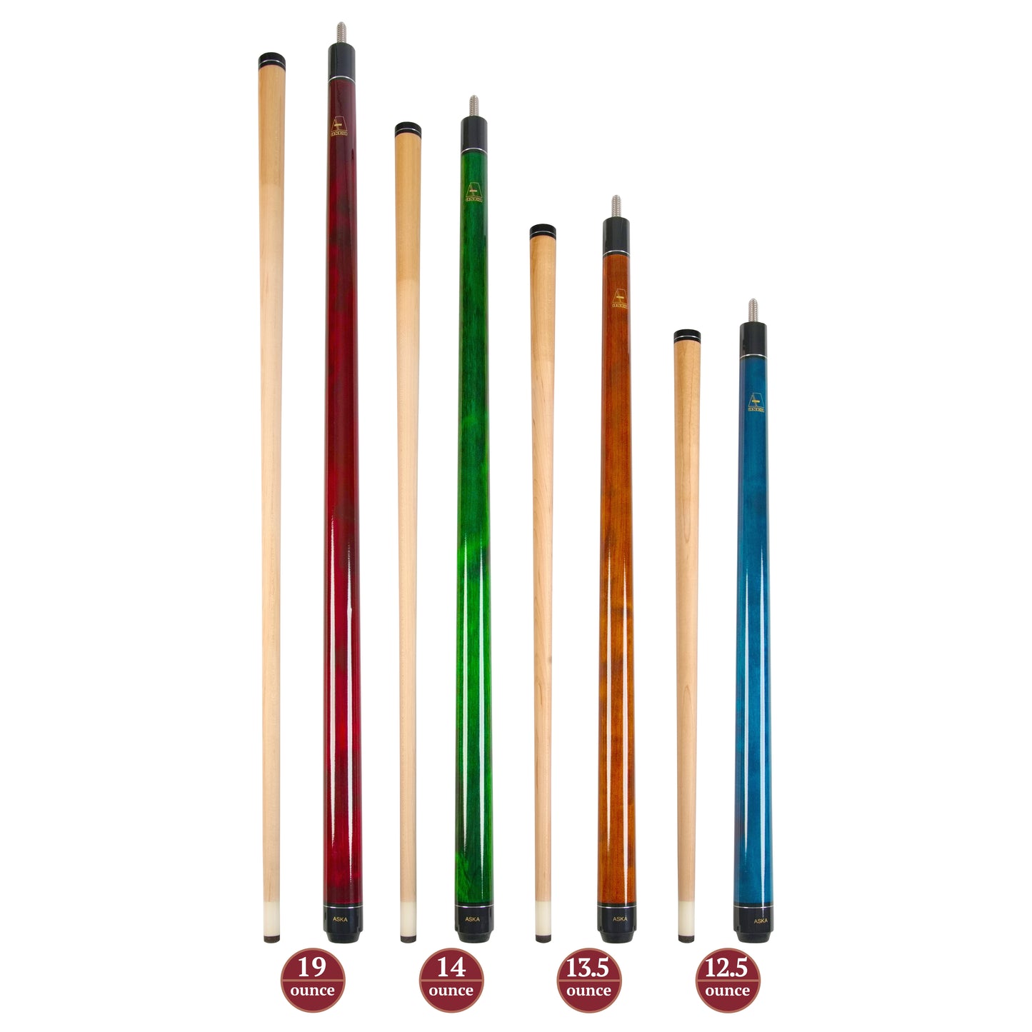 Set of 4 Short Pool Cues – ASKA Wrapless Mixed Length Cue Set for Small Spaces & Game Rooms (LS4N) billiard pool cue stick by ASKA