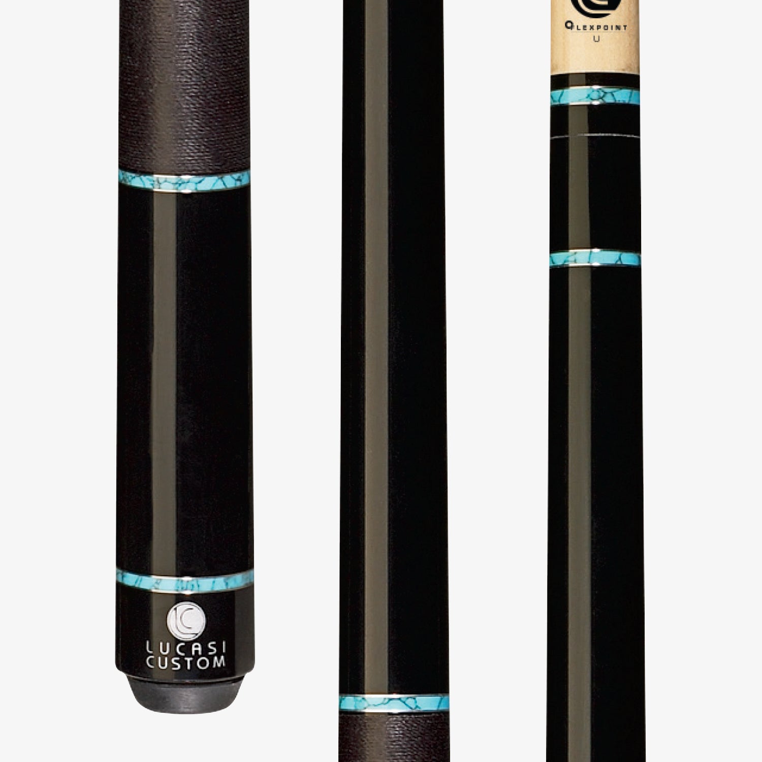 Lucasi LZD5 Mystic Black & Turquoise cue with black linen wrap - full view