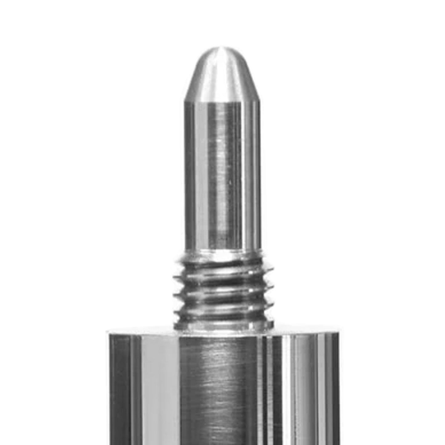 Close-up of a threaded pin on a pool cue joint protector.