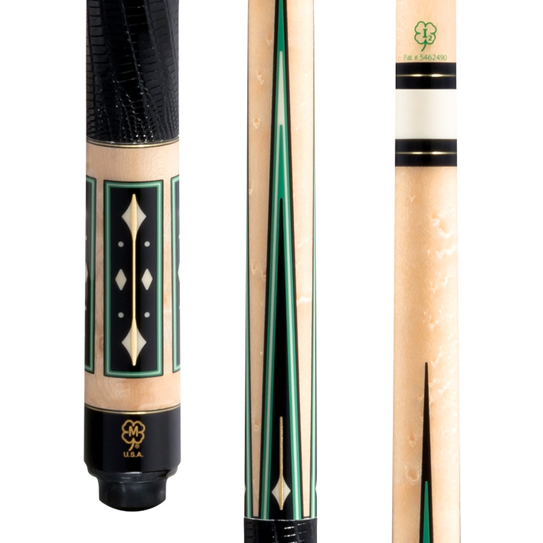 McDermott G1502 pool cue close-up with birdseye maple, brass rings, lizard-embossed leather wrap, and intricate points.