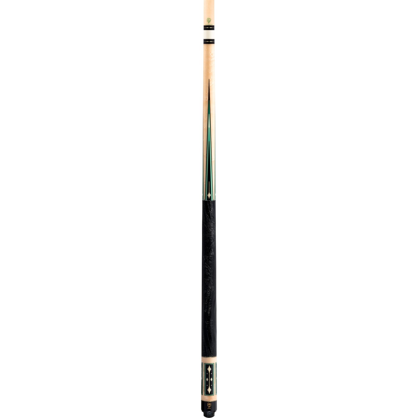 Full view of the McDermott G1502 pool cue, featuring a birdseye maple forearm and sleeve with 4 points and a leather wrap.