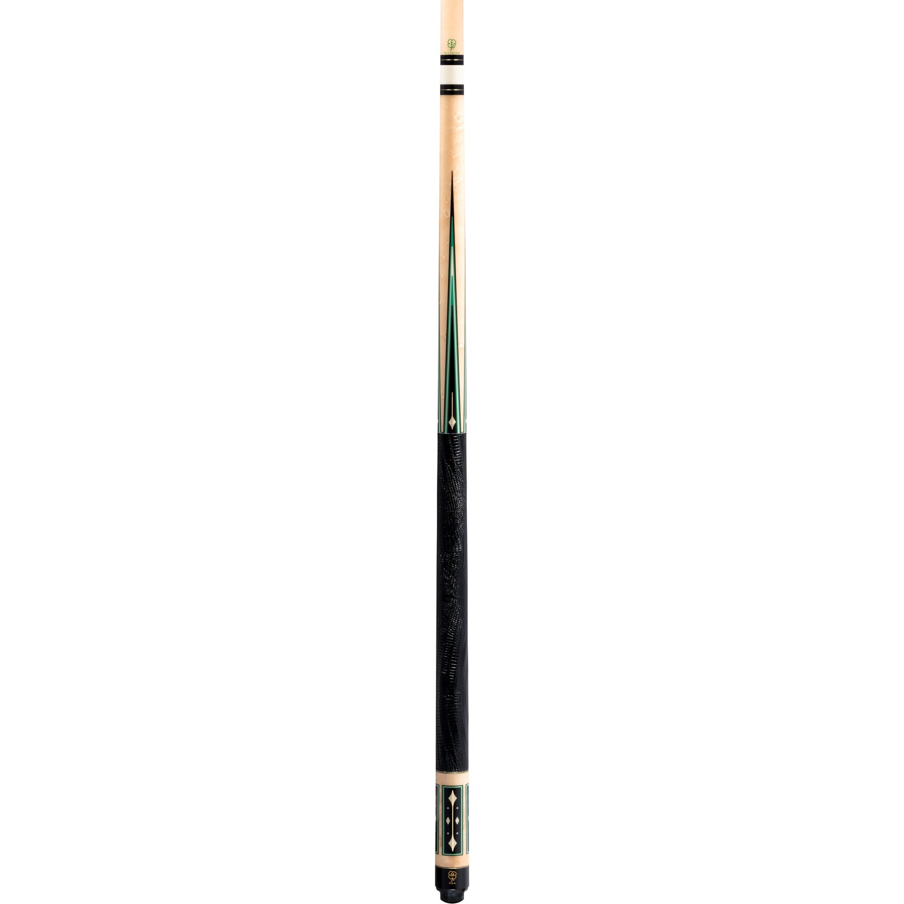 Full view of the McDermott G1502 pool cue, featuring a birdseye maple forearm and sleeve with 4 points and a leather wrap.