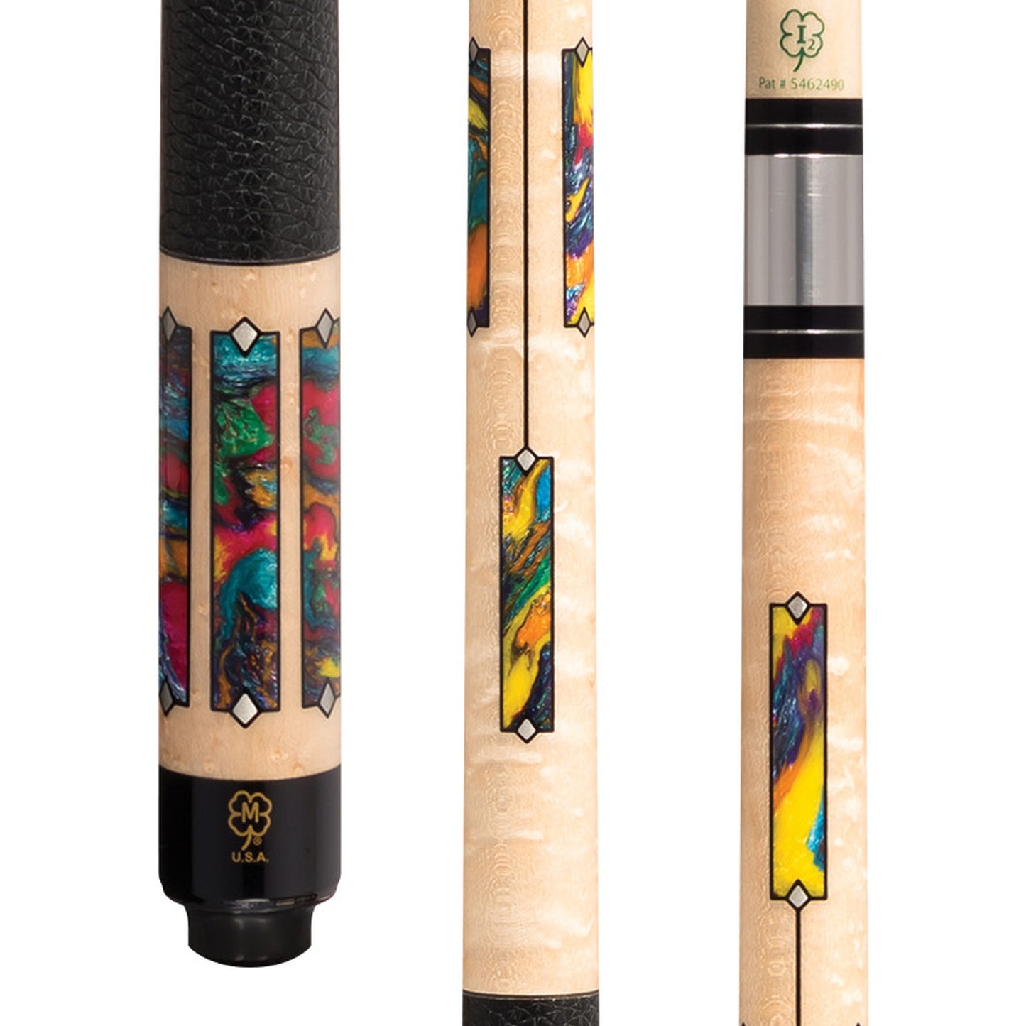 McDermott G1602 pool cue close-up, birdseye maple with black leather wrap and silver rings
