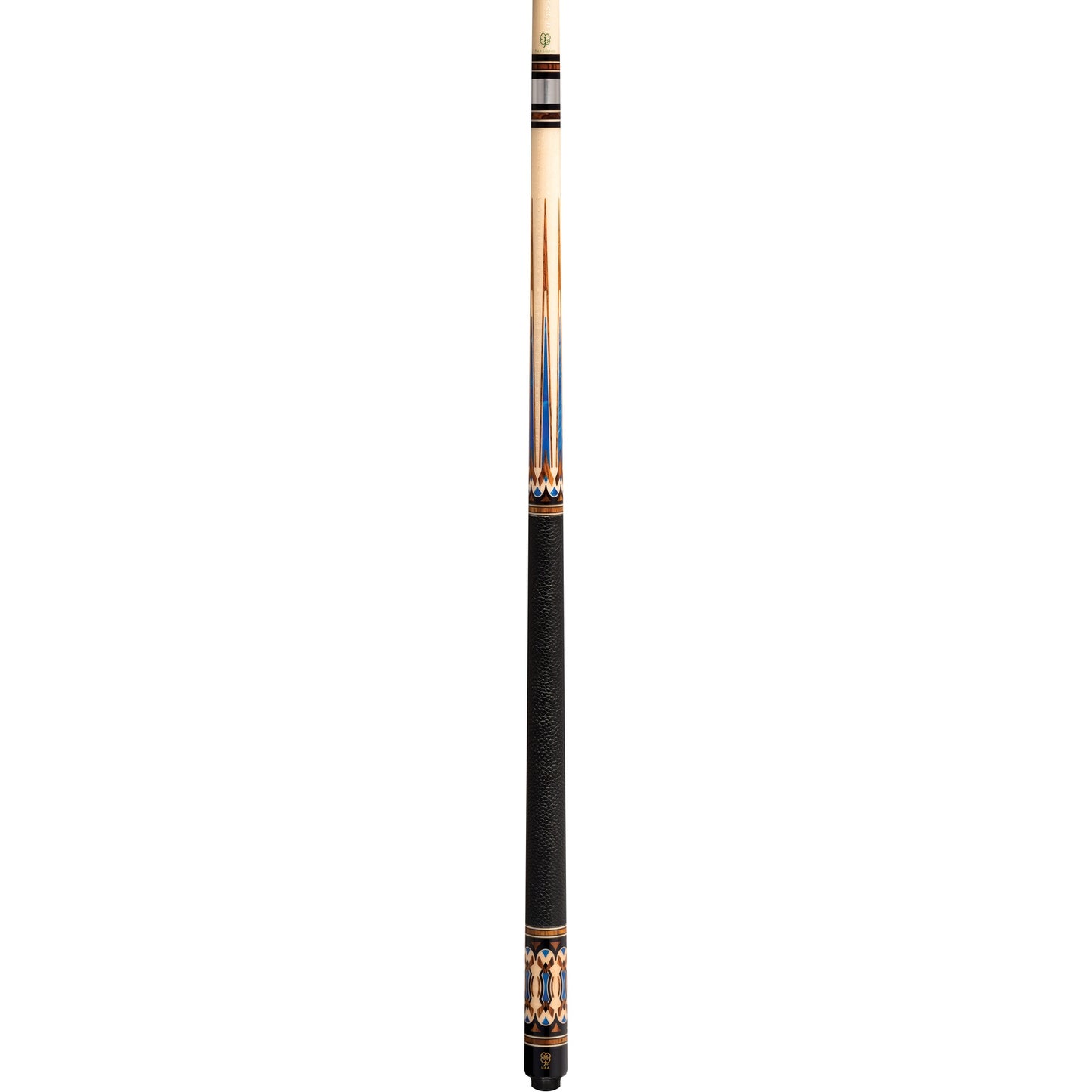 Full view of the G1702 pool cue with black leather grip.