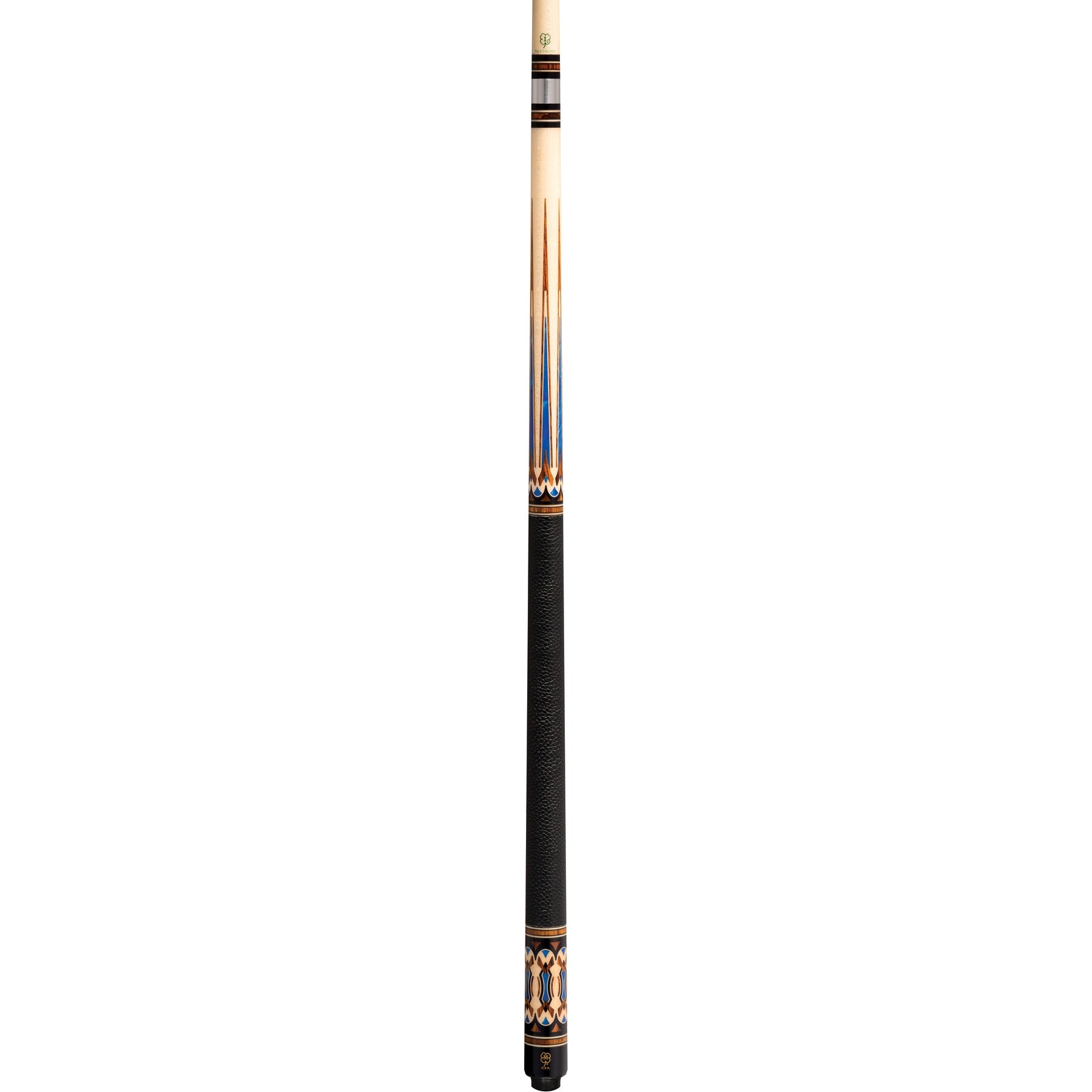 Full view of the G1702 pool cue with black leather grip.