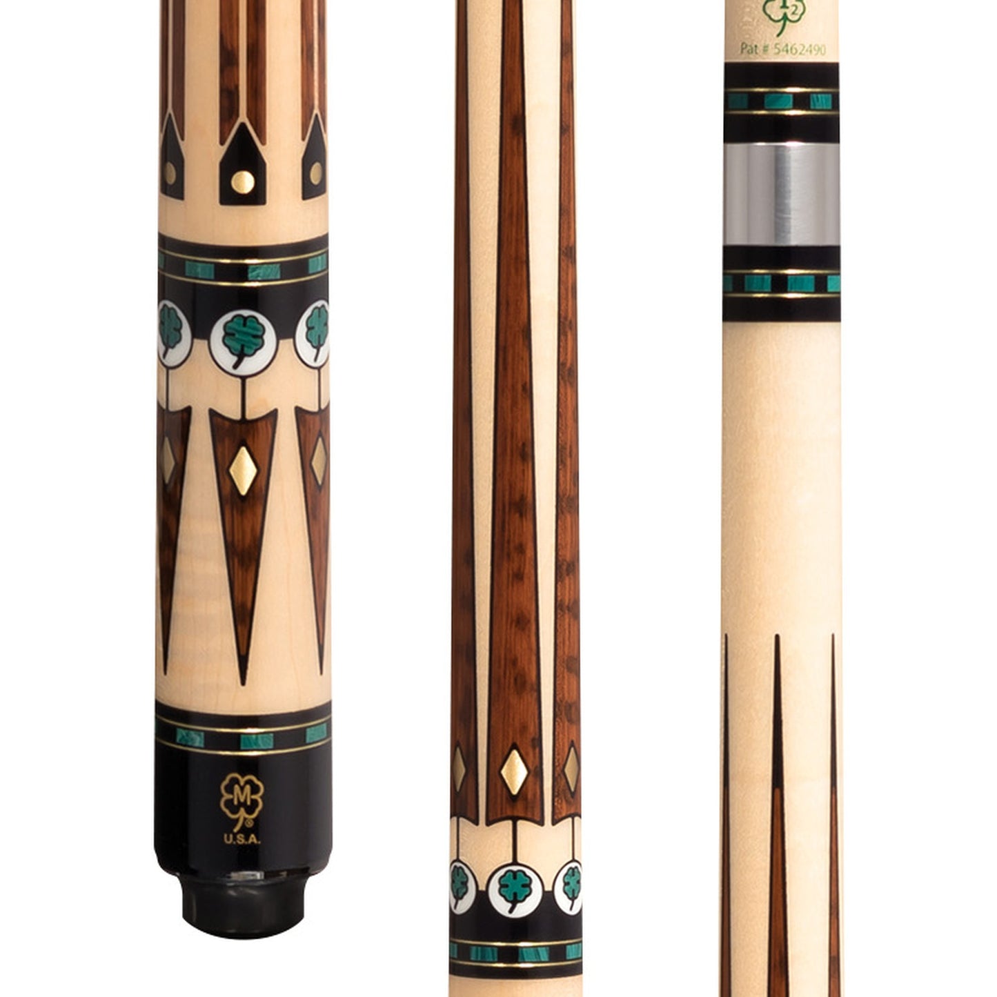 McDermott G-Series pool cue close-up of curly maple handle with snakewood and brass inlays.