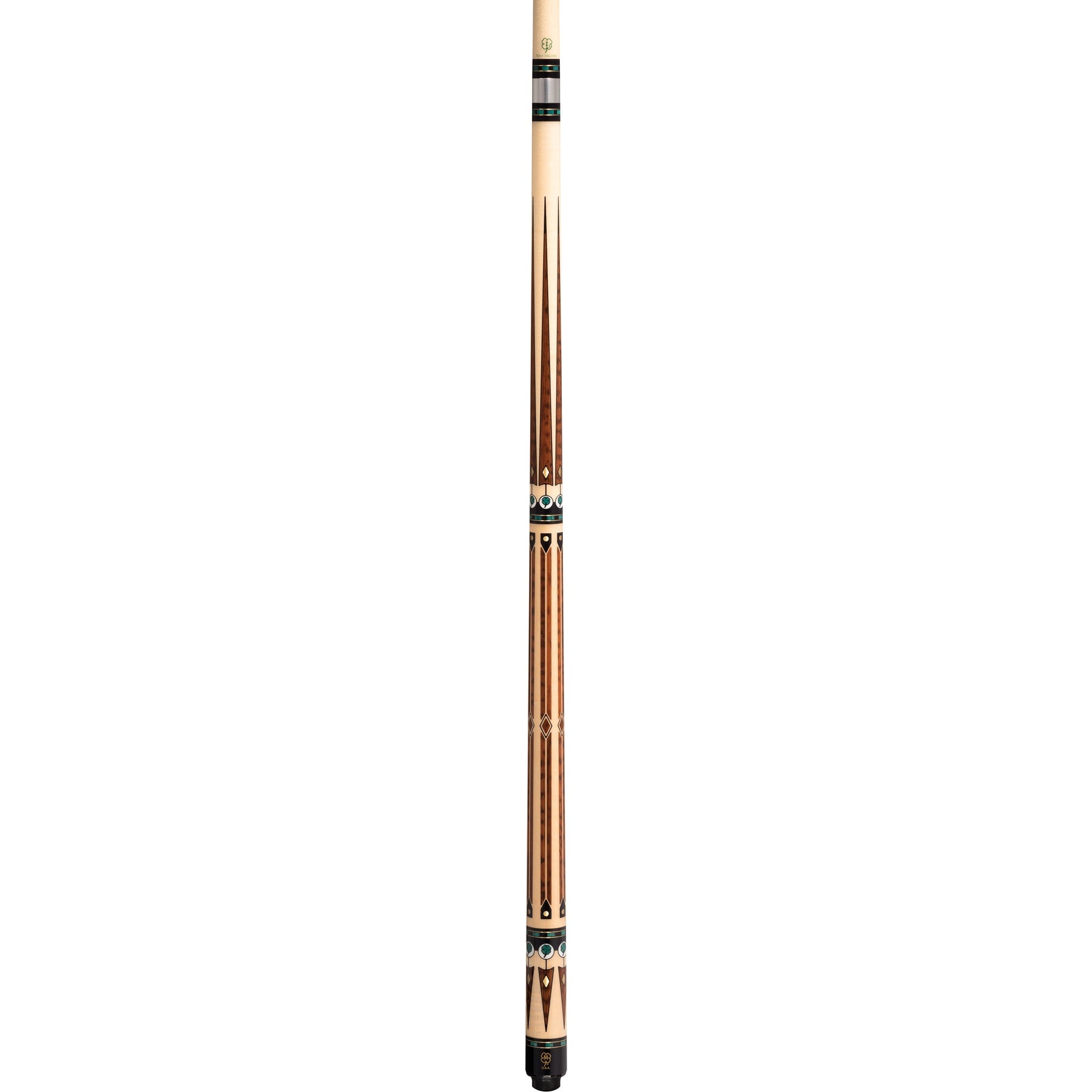 McDermott G-Series curly maple pool cue with snakewood inlays, full cue view.