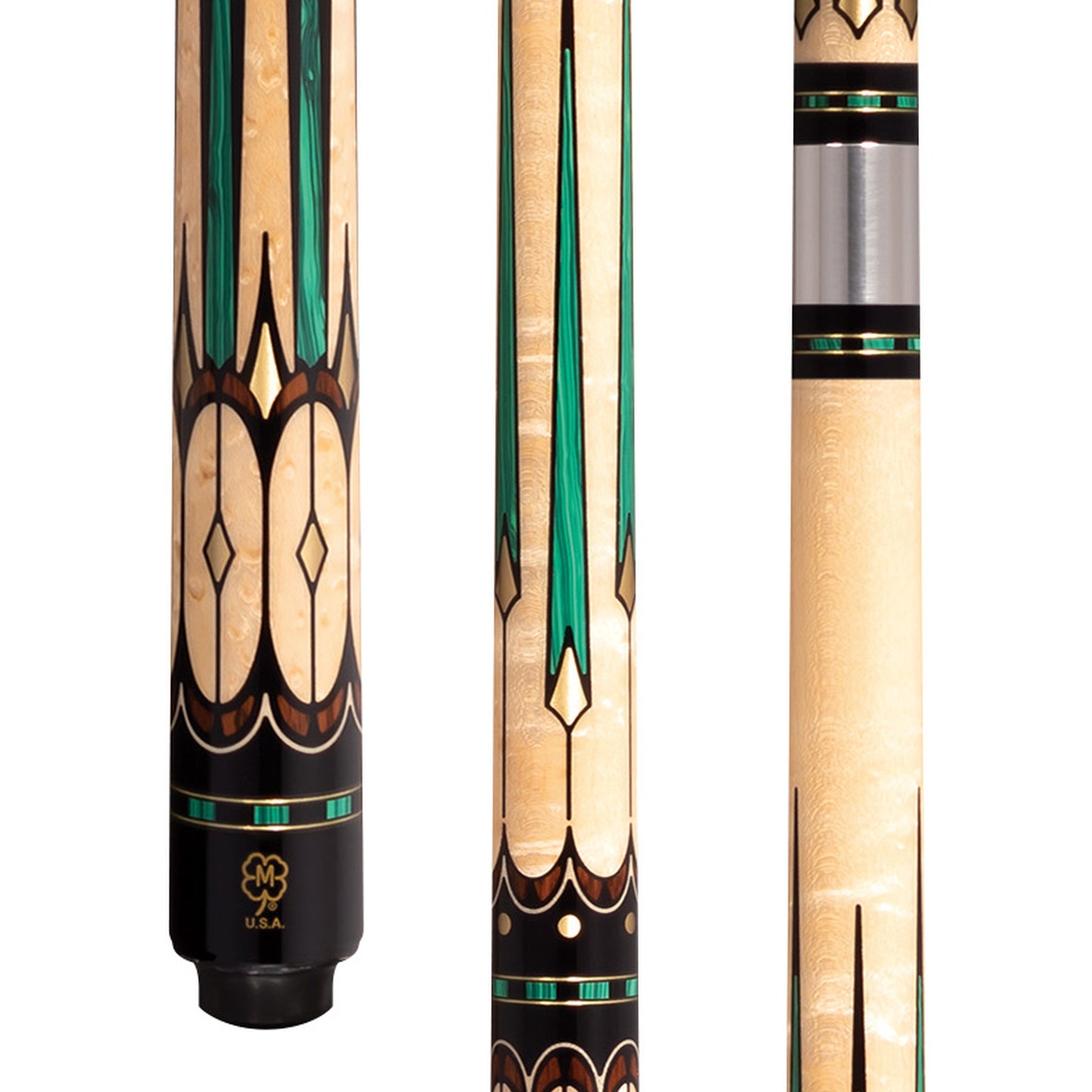 McDermott G3002 birdseye maple pool cue handle detail, close-up view.