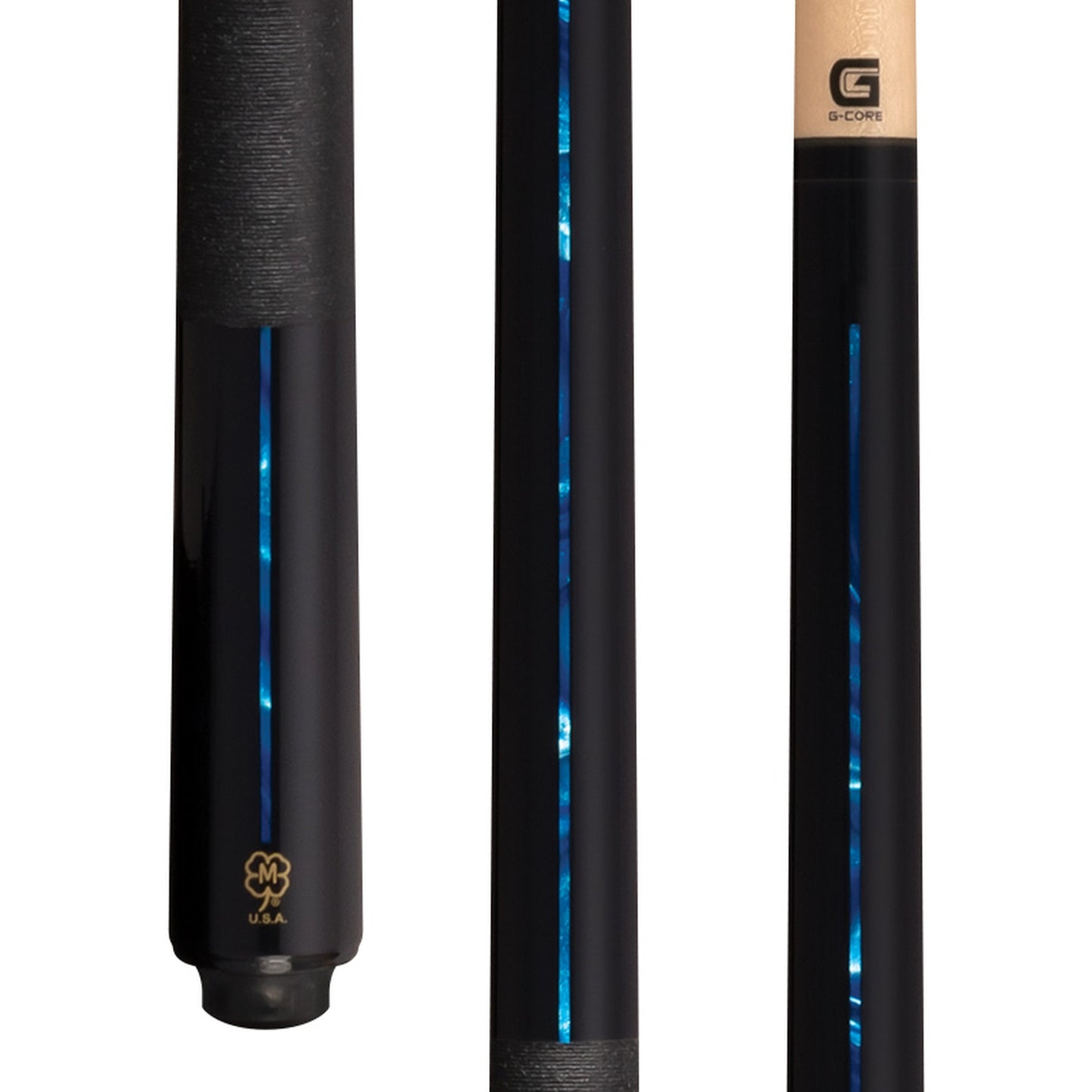 McDermott G521B pool cue close-up of black maple forearm with blue pearl inlays and Irish linen wrap.