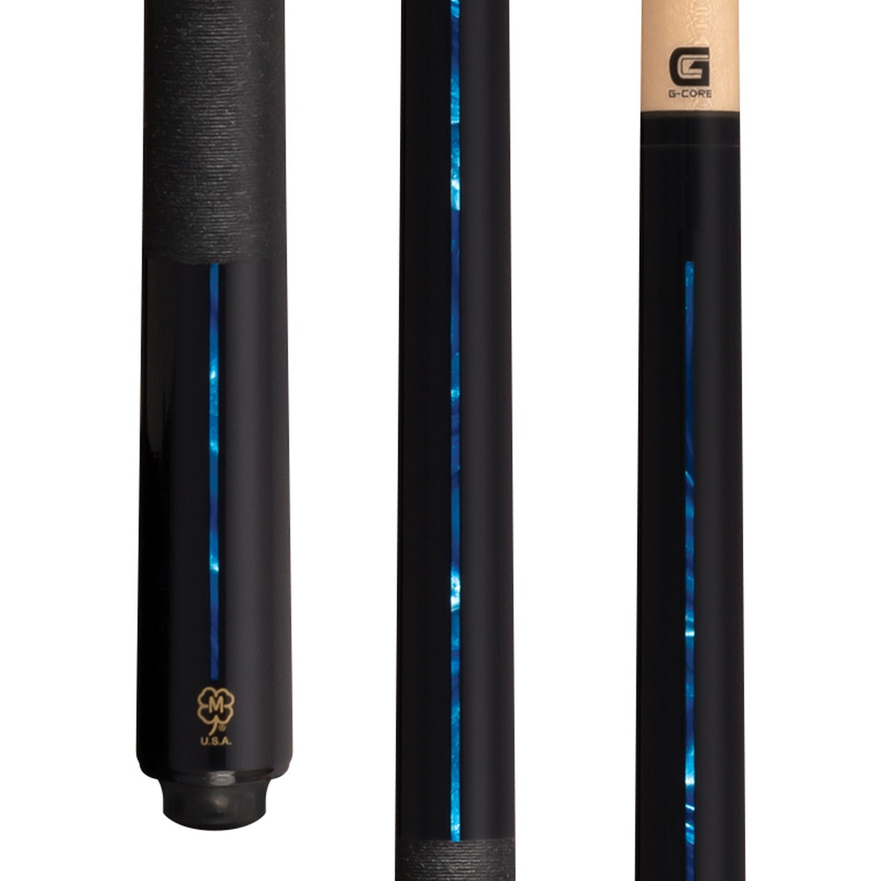 McDermott G521B pool cue close-up of black maple forearm with blue pearl inlays and Irish linen wrap.