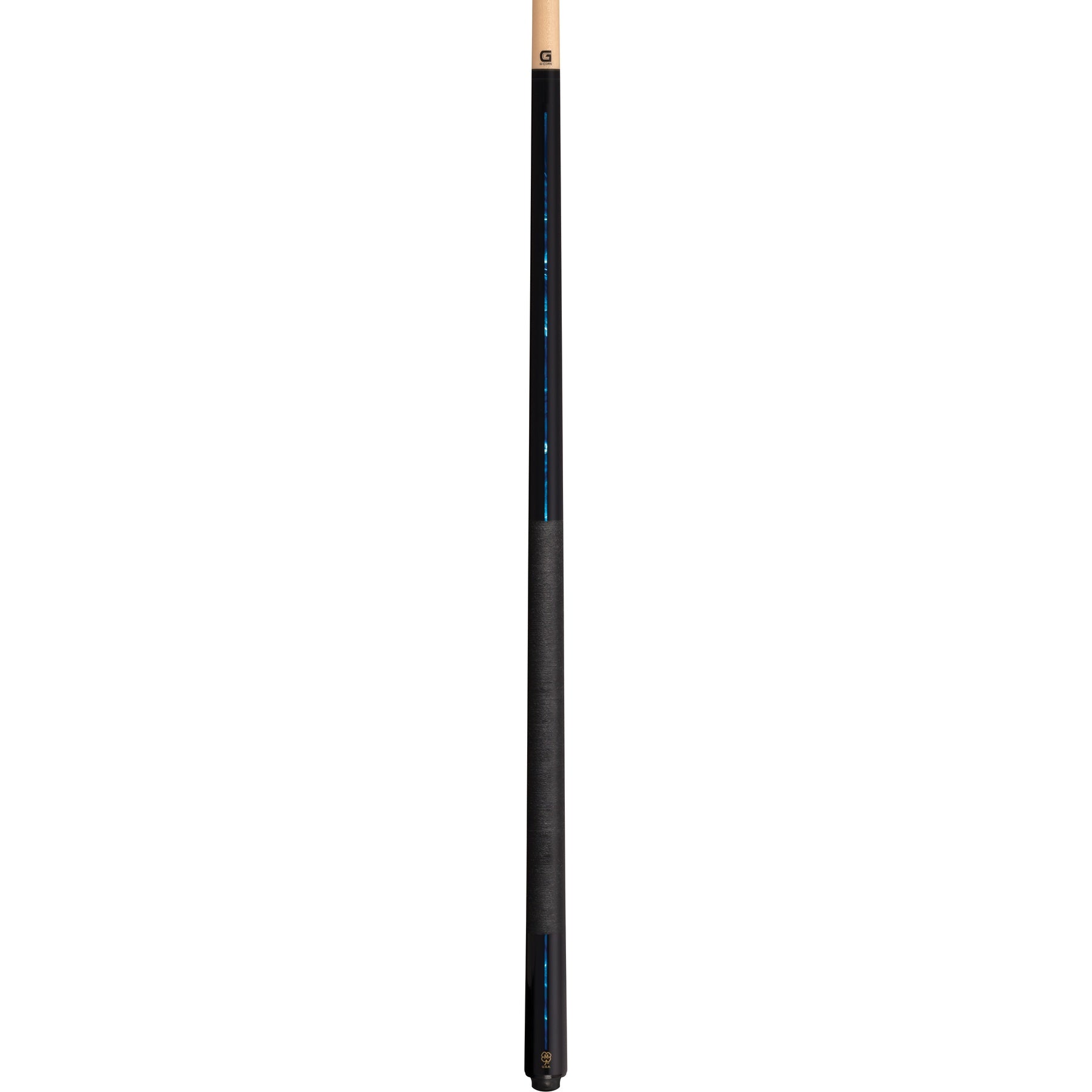 McDermott G521B pool cue full view showing black maple forearm, blue pearl inlays, and G-Core shaft.