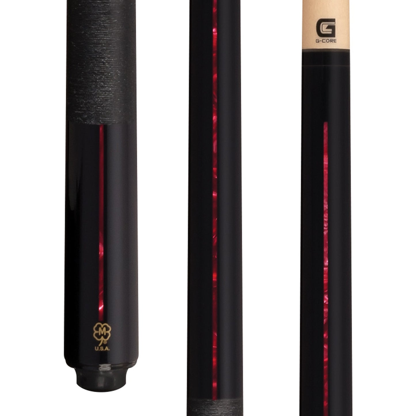 McDermott G521R pool cue close-up: black maple with red pearl inlays and Irish linen wrap.