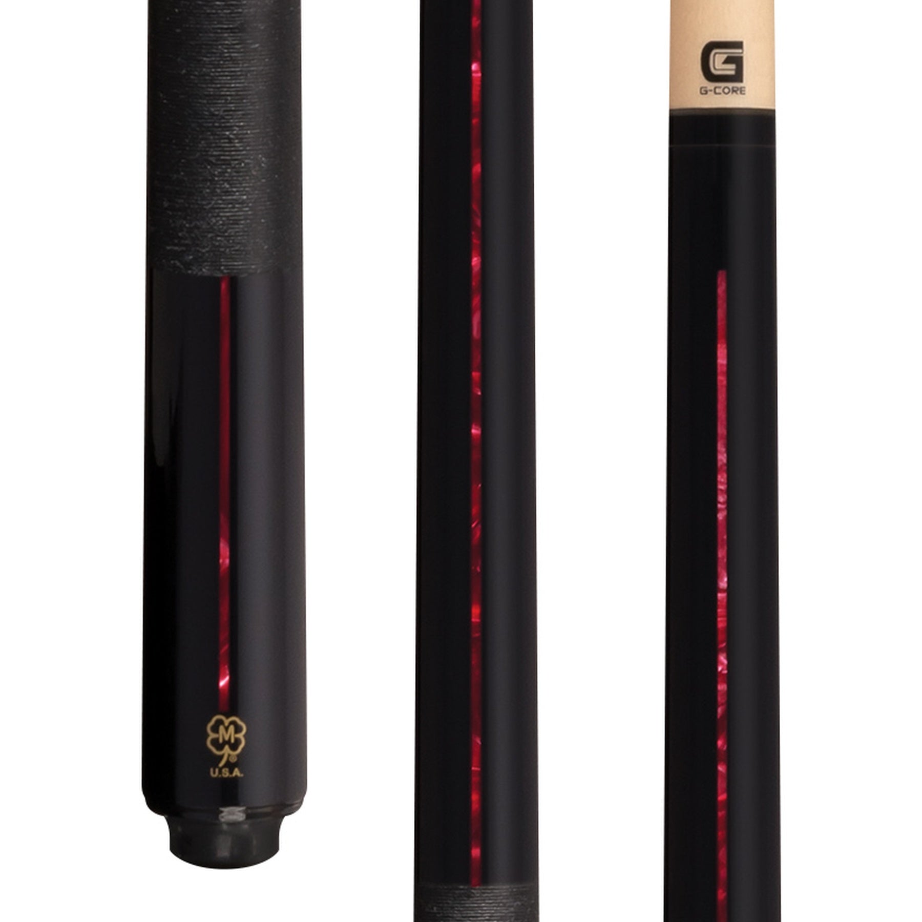 McDermott G521R pool cue close-up: black maple with red pearl inlays and Irish linen wrap.