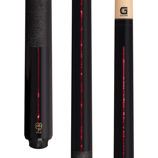 McDermott G521R pool cue close-up: black maple with red pearl inlays and Irish linen wrap.