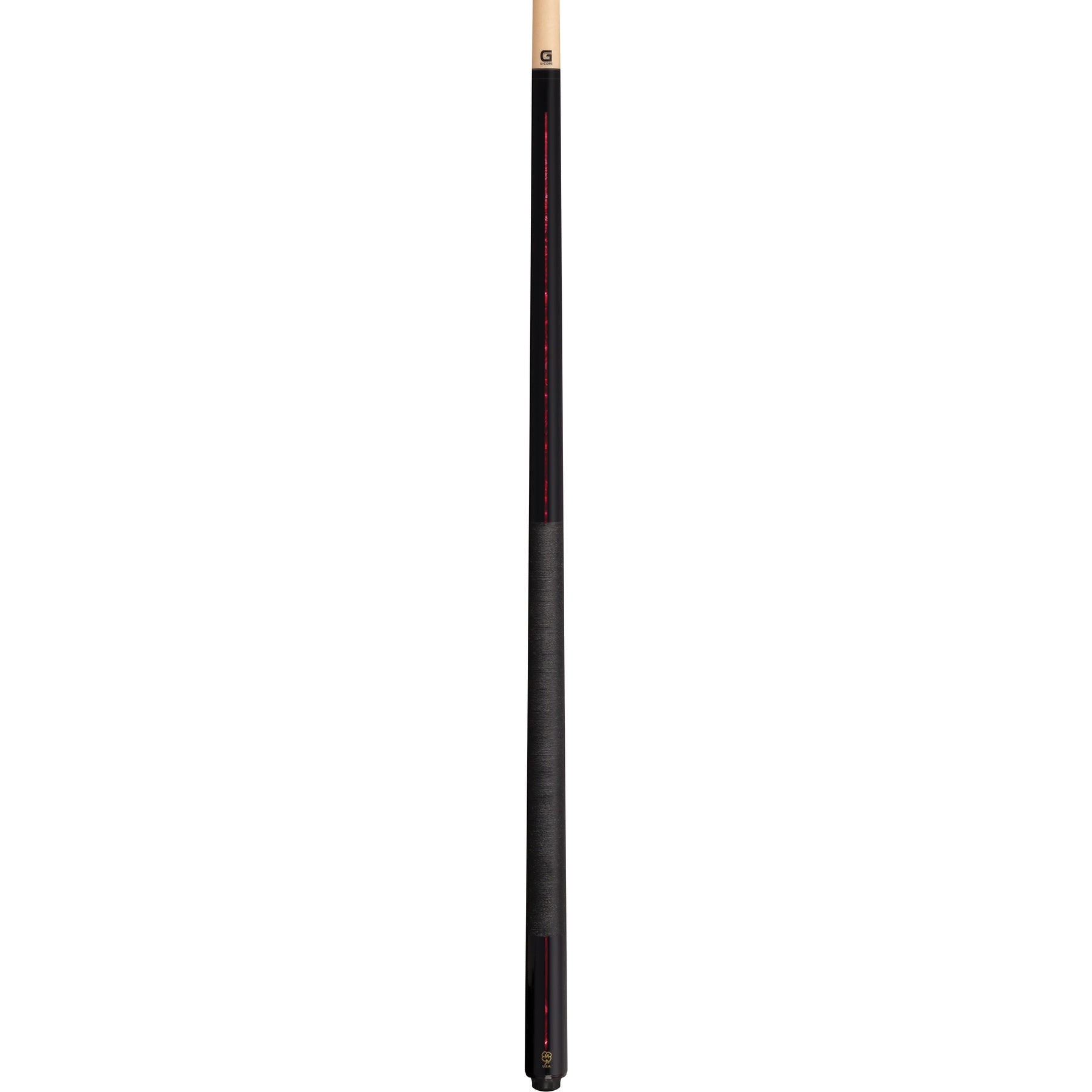Full view of the McDermott G521R pool cue: black maple, red pearl inlays, Irish linen wrap, G-Core shaft.