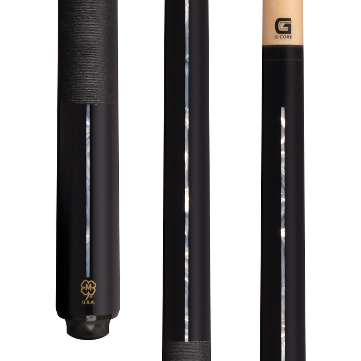 McDermott G521W pool cue close-up showing black maple, white pearl inlays, and Irish linen wrap.