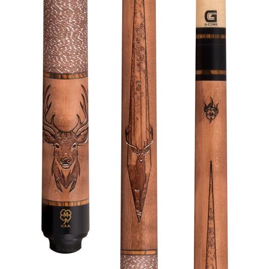 McDermott G522 pool cue close-up: natural walnut-stained maple with Wildfire 3D buck engraving and bocote rings.