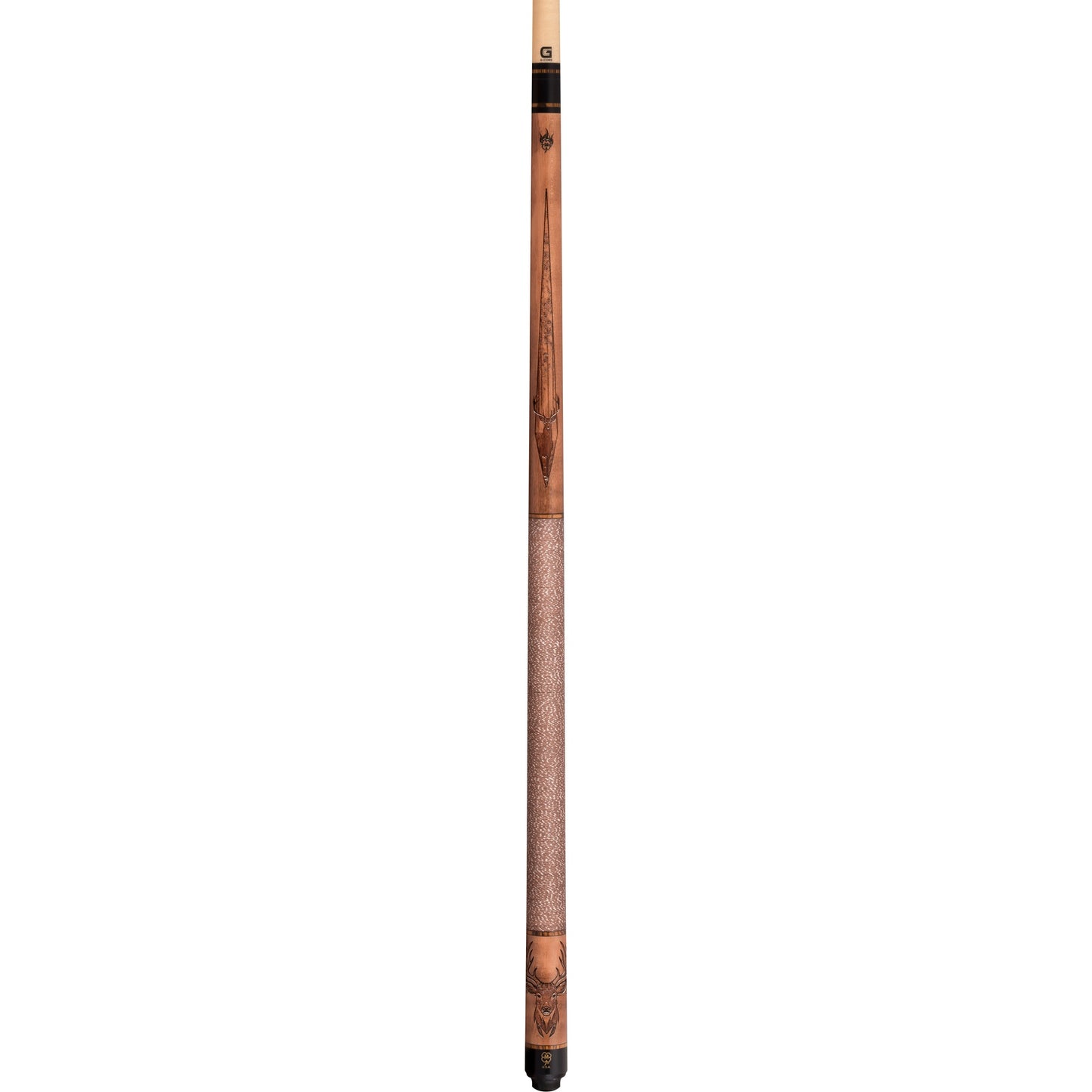 McDermott G522 full cue: natural walnut-stained maple, Wildfire 3D buck engraving, bocote rings, Irish linen wrap, G-Core shaft.