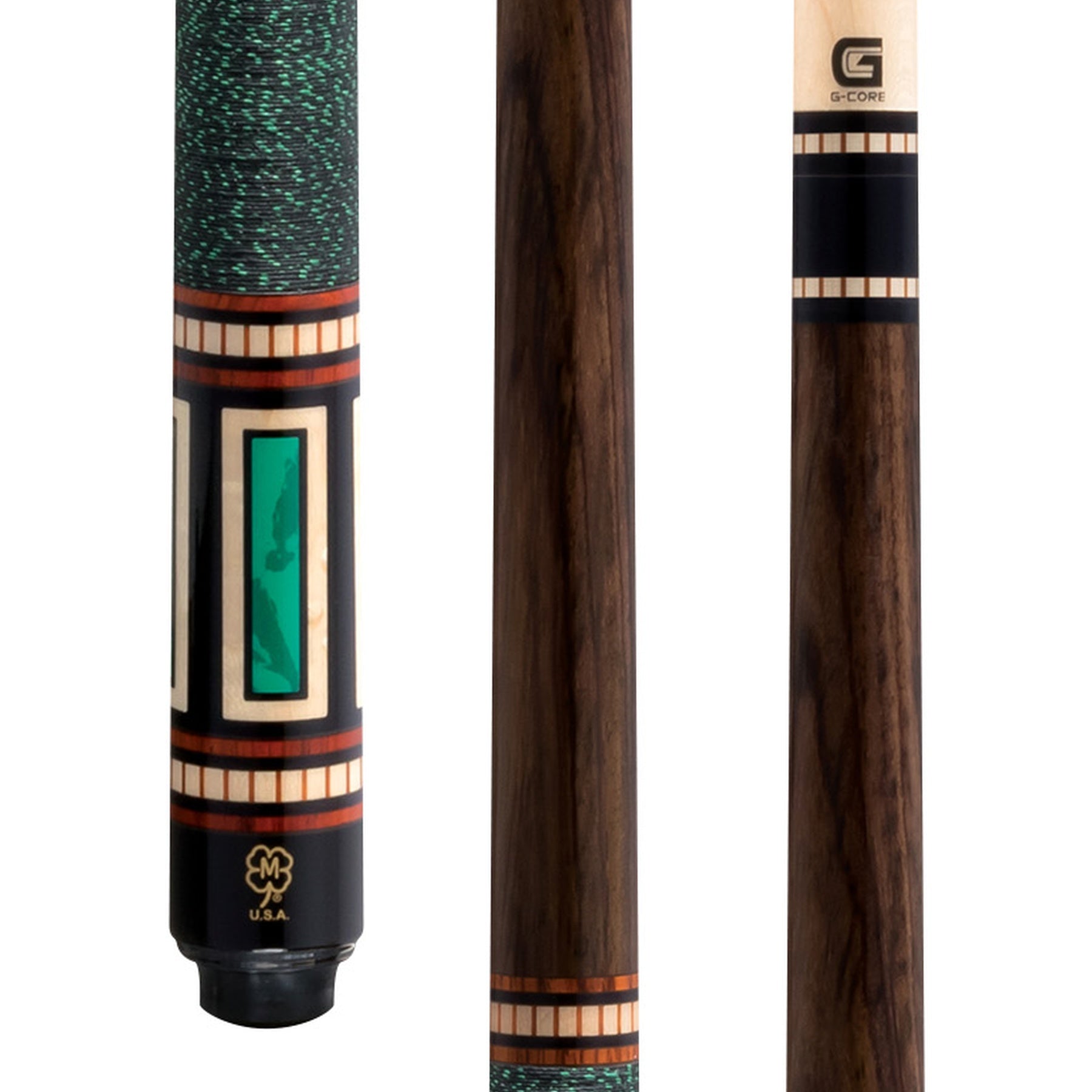 McDermott G612 pool cue close-up: rosewood forearm with cocobolo, black urethane rings and green lizard window inlays.
