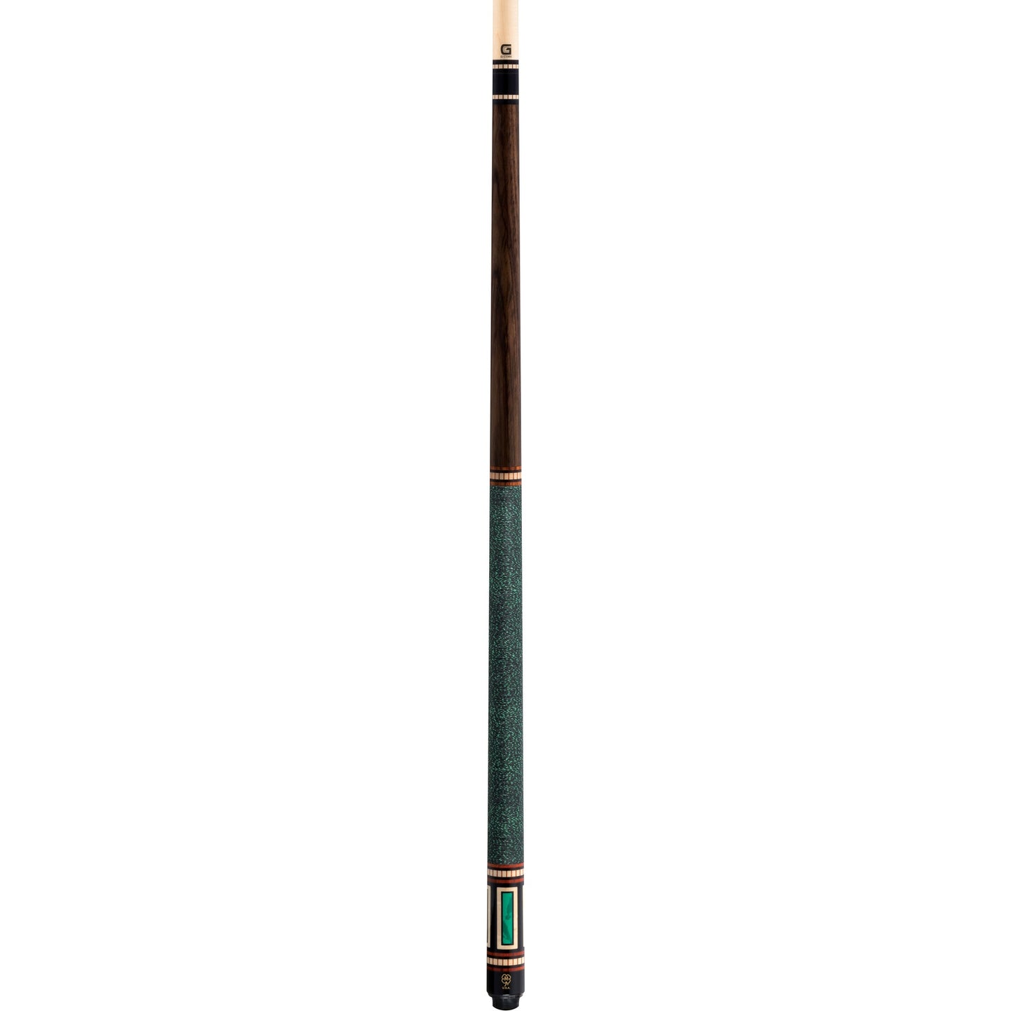 Full view of McDermott G612 pool cue with rosewood forearm, black sleeve, green lizard inlays, Irish linen wrap and G-Core shaft.