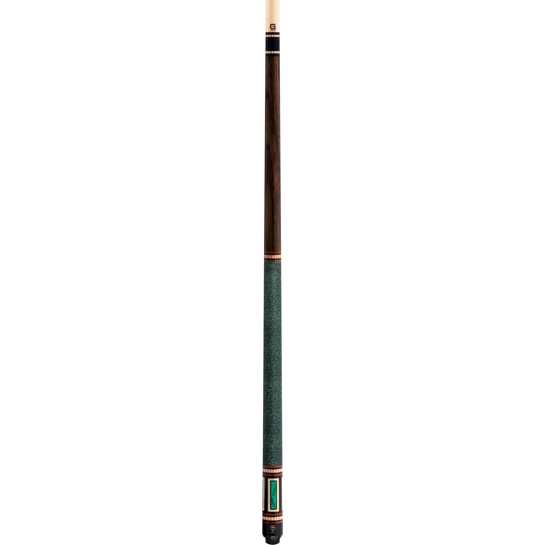 Full view of McDermott G612 pool cue with rosewood forearm, black sleeve, green lizard inlays, Irish linen wrap and G-Core shaft.
