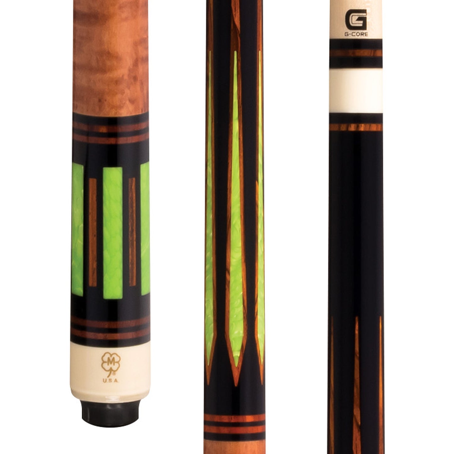 McDermott G807 pool cue close-up of black urethane forearm and birdseye maple handle.