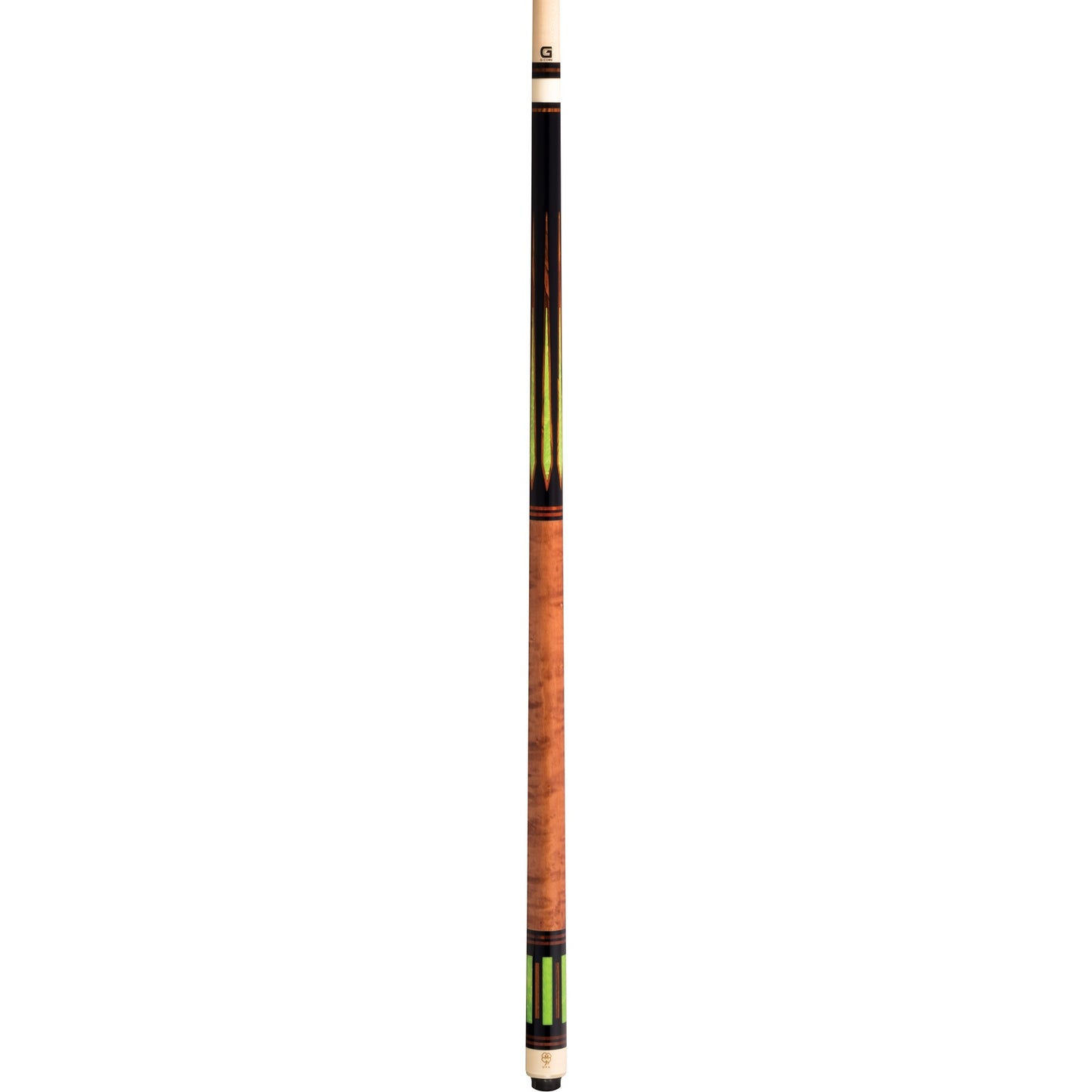 Full view of McDermott G807 pool cue featuring a black urethane shaft and birdseye maple handle.