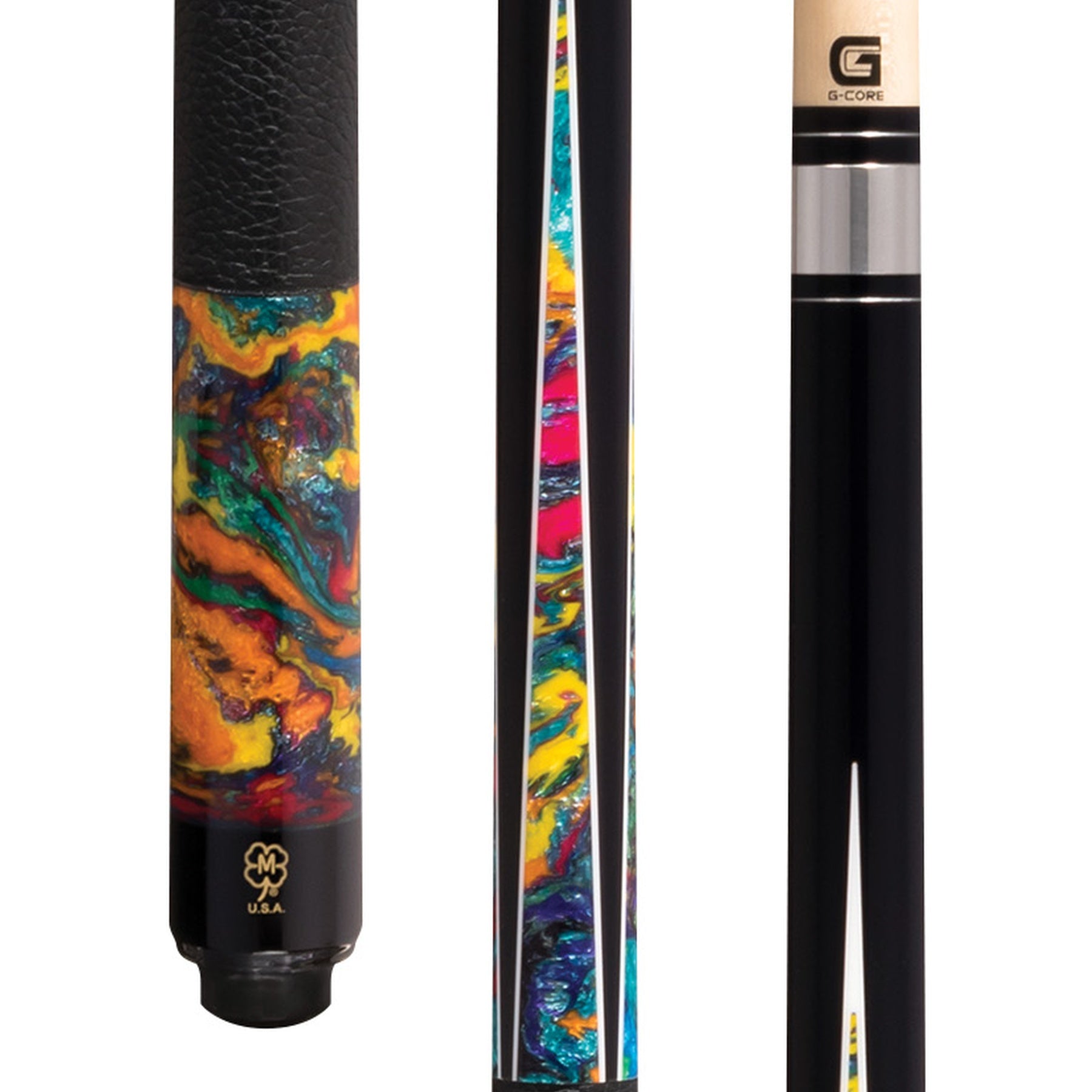McDermott G904 pool cue close-up of black pig leather wrap and silver ring accents.