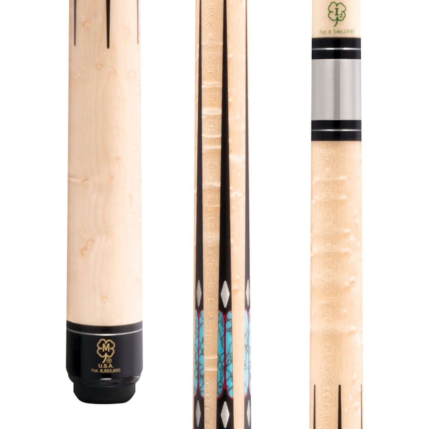 McDermott H1050 pool cue with birdseye maple, turquoise, and red points.