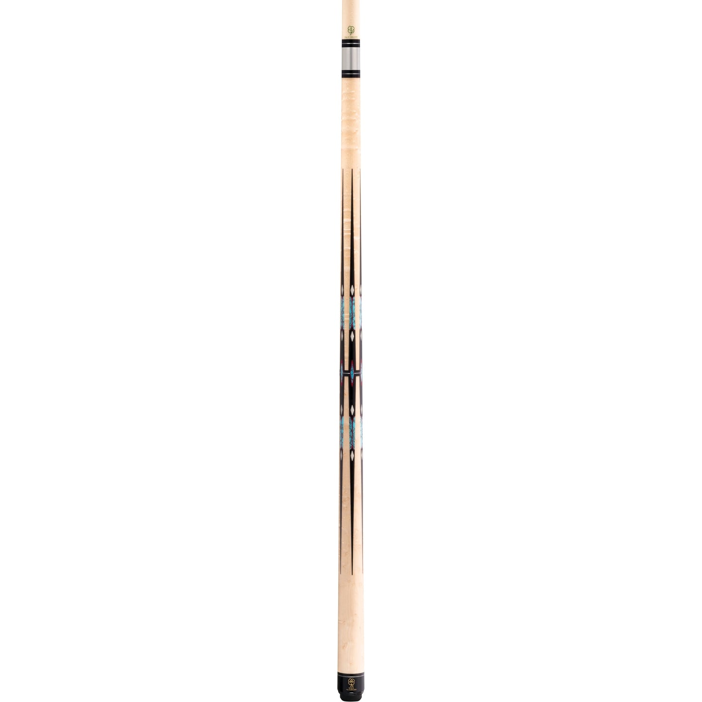 Full view of the pool cue stick showing intricate design elements.