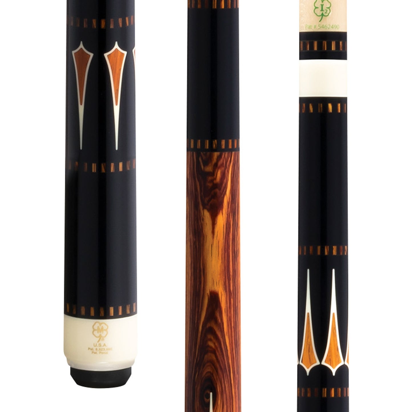 McDermott H1250 pool cue featuring cocobolo and bone graphic design on black forearm.
