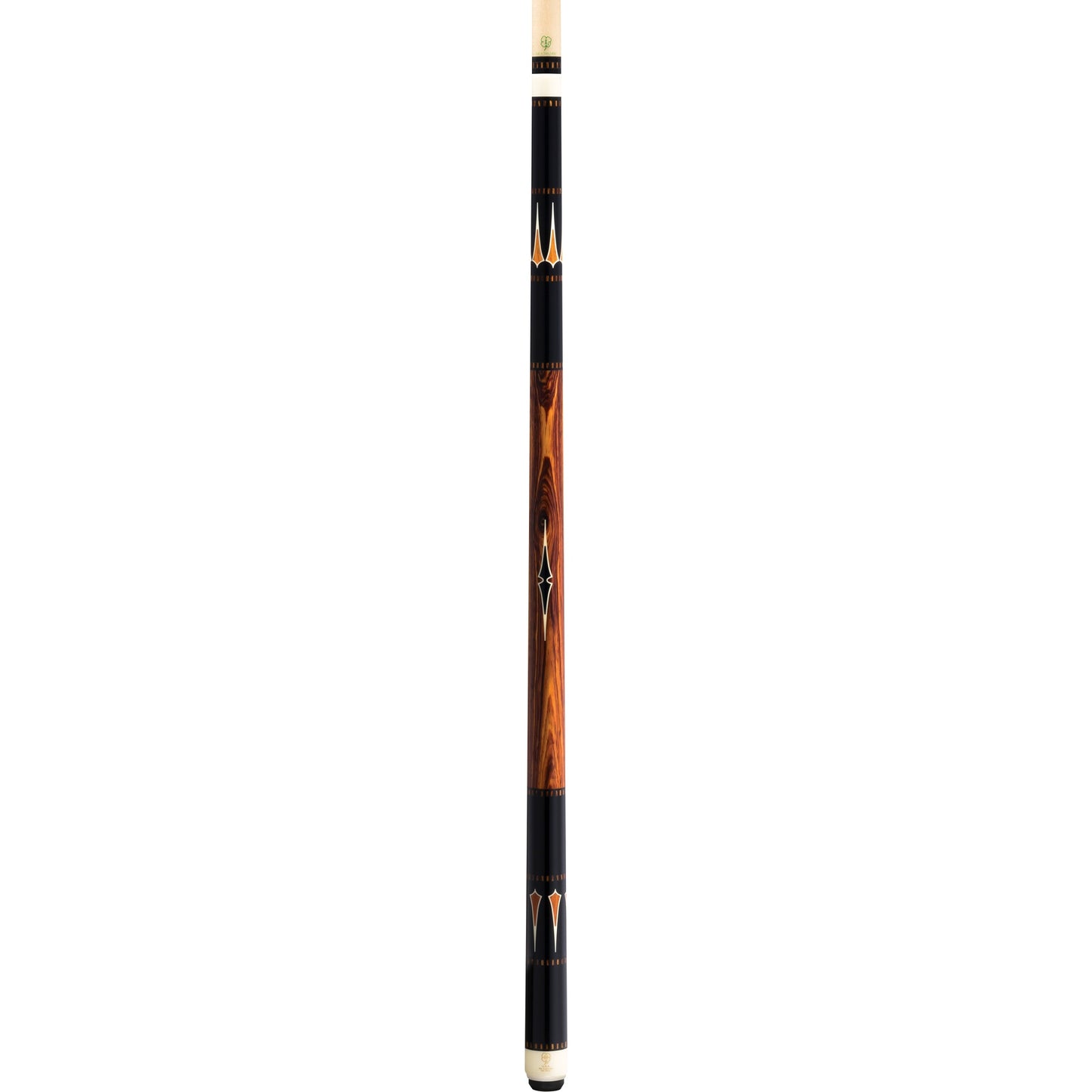 Full view of H1250 pool cue showcasing detailed wood grain and graphic design.