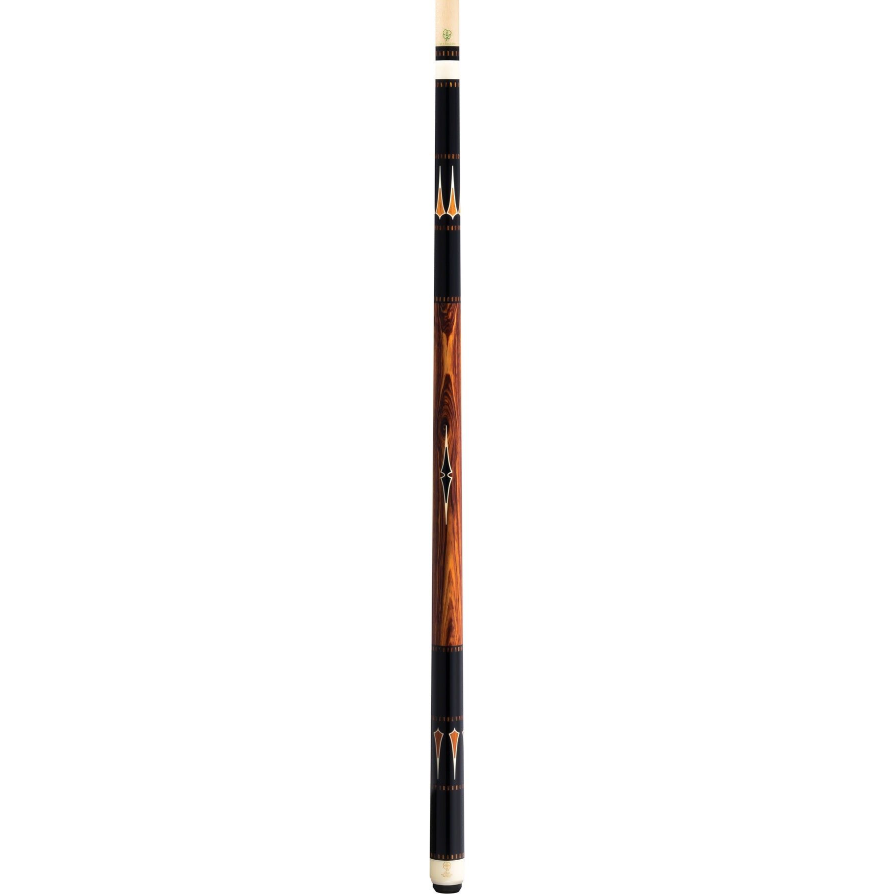 Full view of H1250 pool cue showcasing detailed wood grain and graphic design.