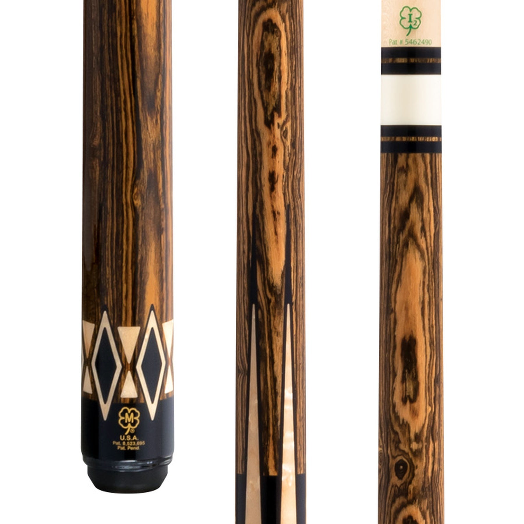 McDermott H1351 pool cue close-up showing bocote wood forearm and handle with maple and bocote inlays.