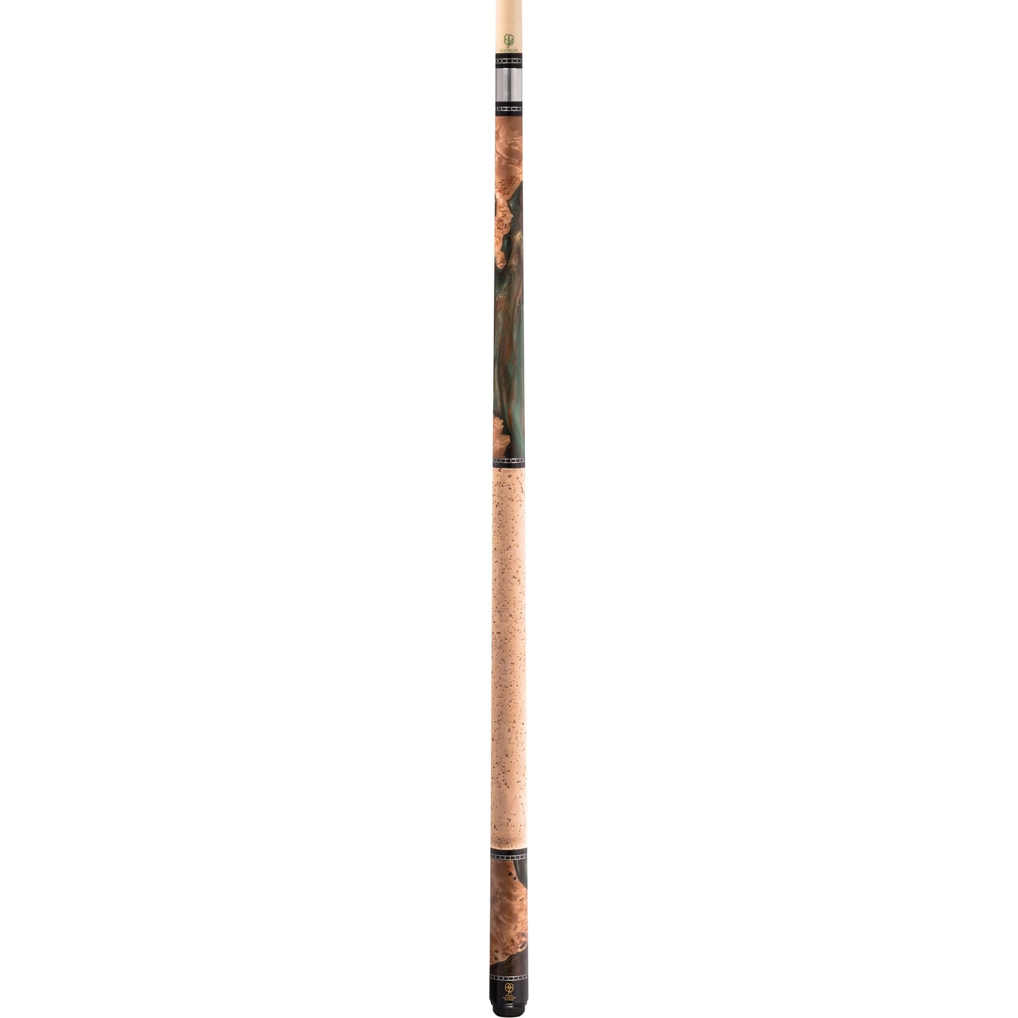 Full view of a pool cue with metallic forest ShokWood design.