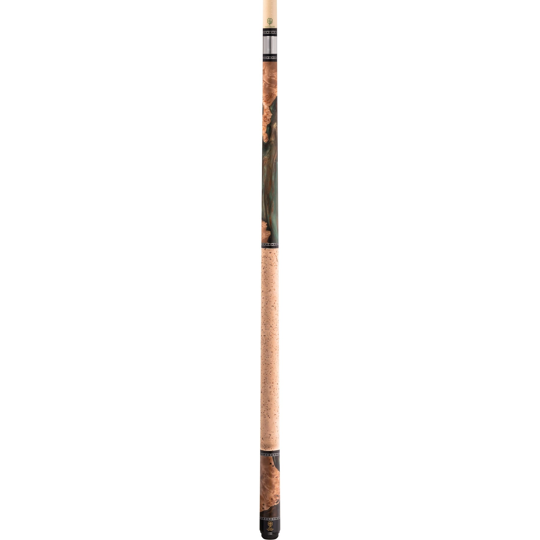 Full view of a pool cue with metallic forest ShokWood design.