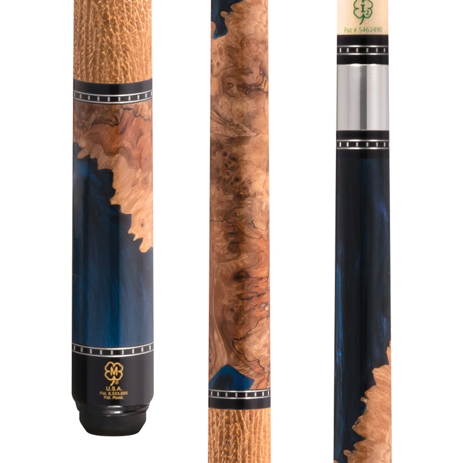 Close-up of McDermott H1452 pool cue showing Deep Sea ShokWood pattern and brown shark leather wrap.