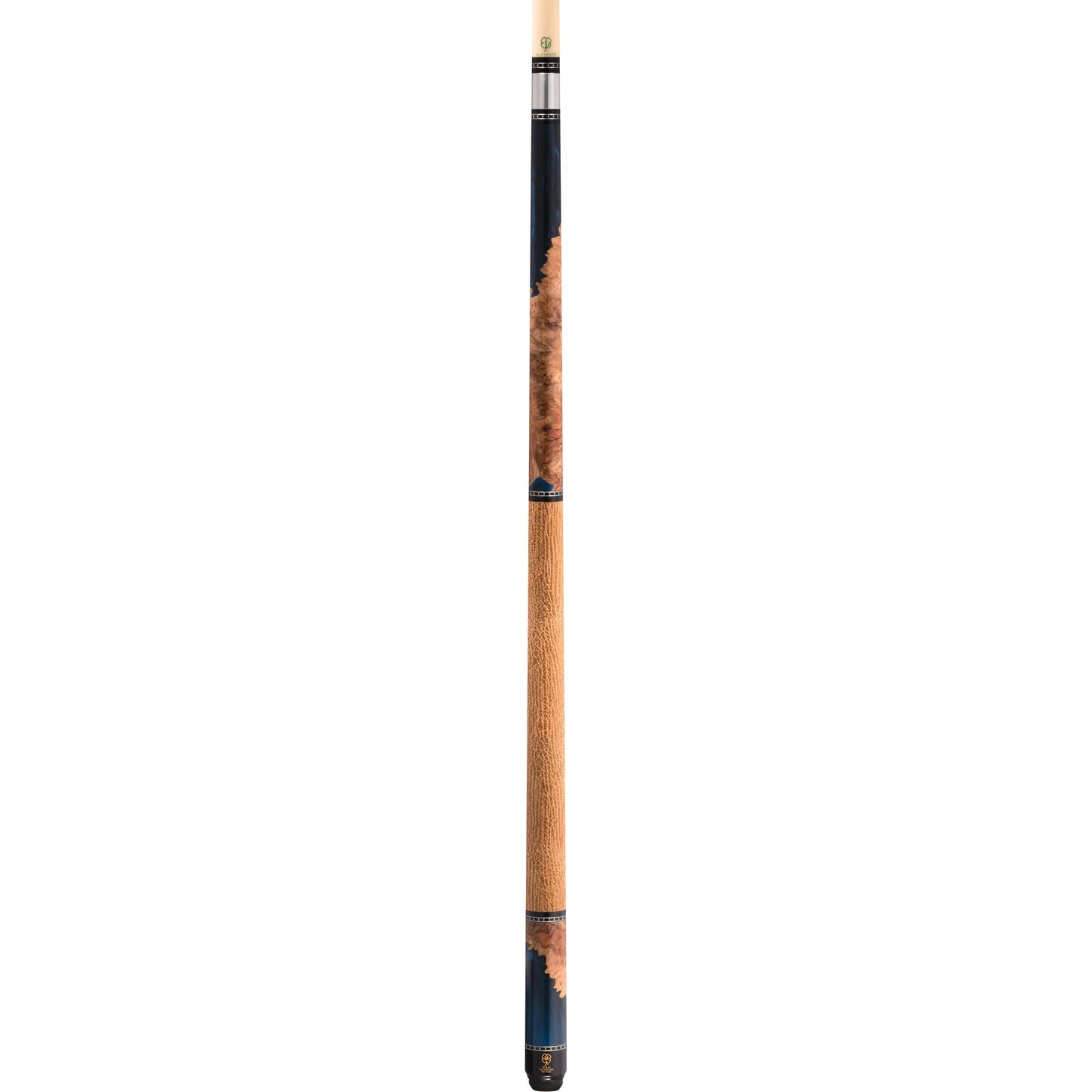 Full view of the McDermott H1452 pool cue with Deep Sea ShokWood forearm and sleeve, and brown shark leather wrap.