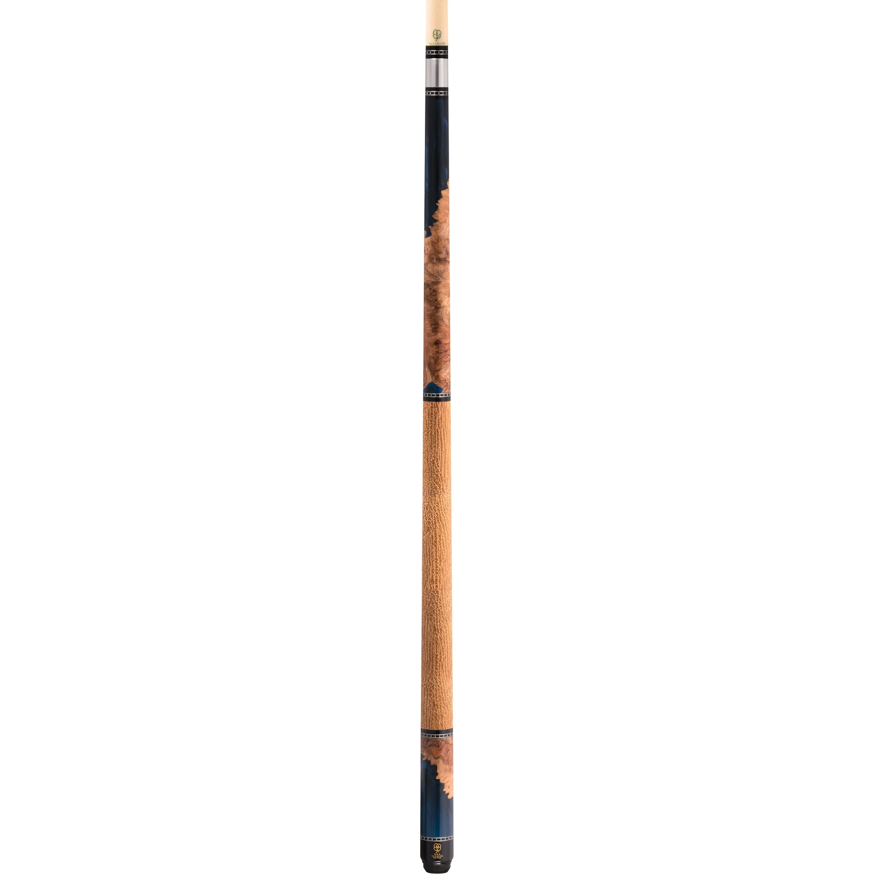 Full view of the McDermott H1452 pool cue with Deep Sea ShokWood forearm and sleeve, and brown shark leather wrap.