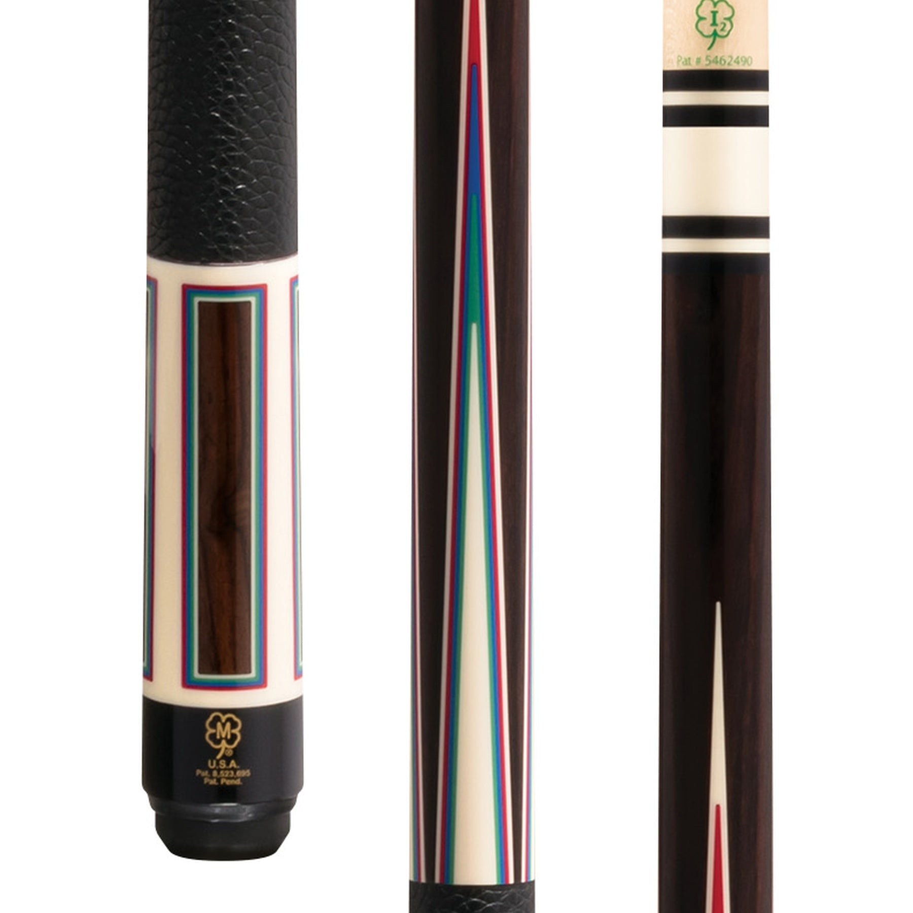 McDermott H1454 pool cue butt and shaft with rosewood and multi-color veneer points.