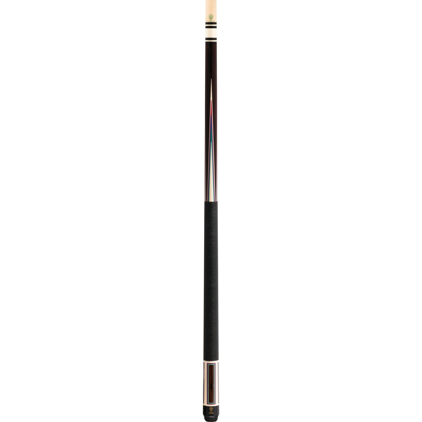Full view of a billiard cue stick featuring a black leather wrap.