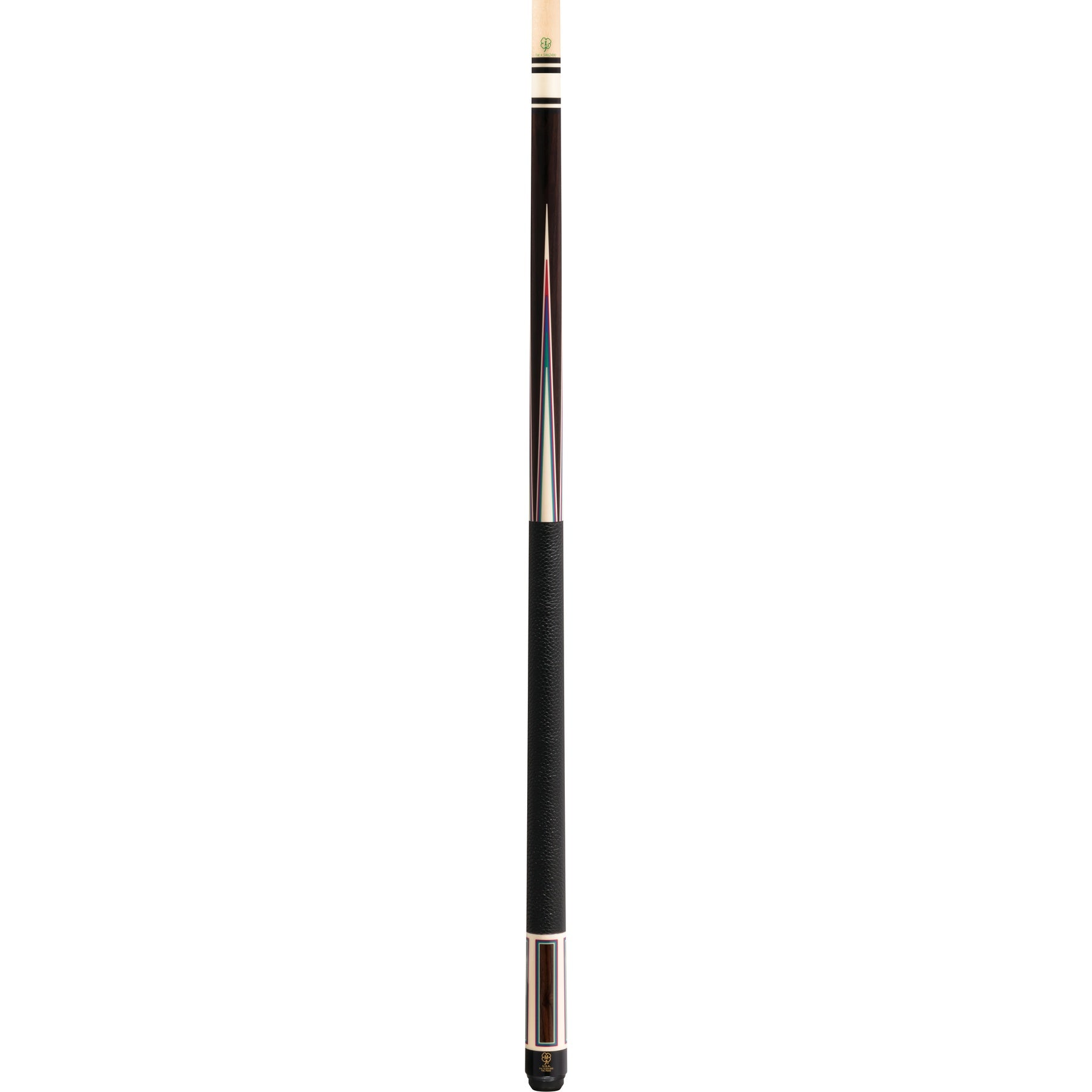 Full view of a billiard cue stick featuring a black leather wrap.