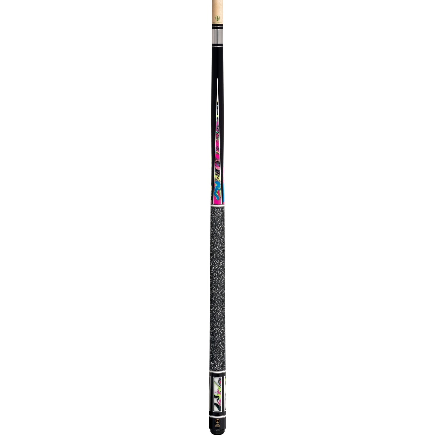 Full view of the pool cue with black Irish linen wrap.